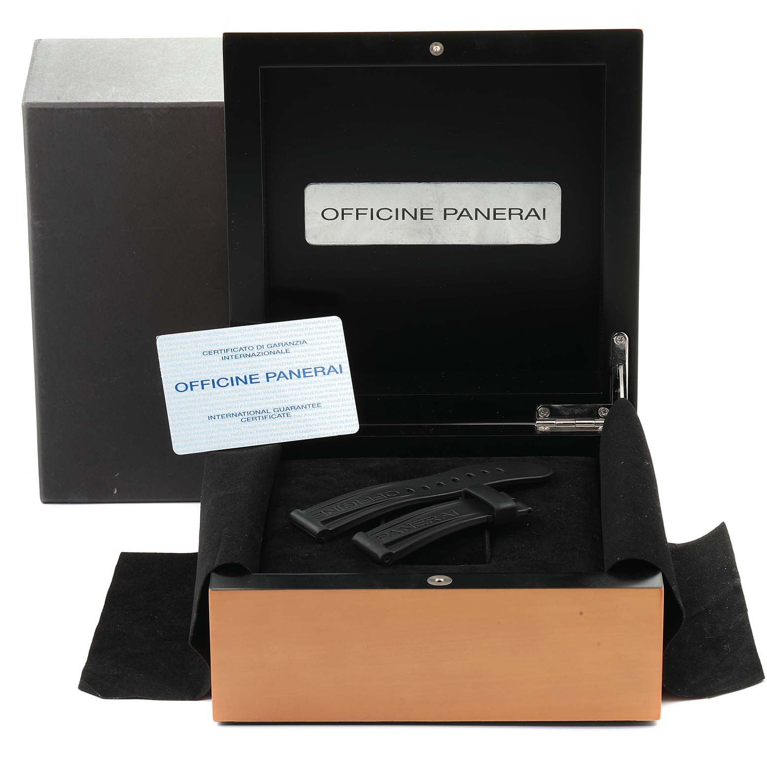 The image shows the packaging, extra rubber straps, and warranty card for a Panerai Luminor PAM00164 Men
s Stainless Steel Black Dial PAM00164 Men
s Stainless Steel Black Dial watch.