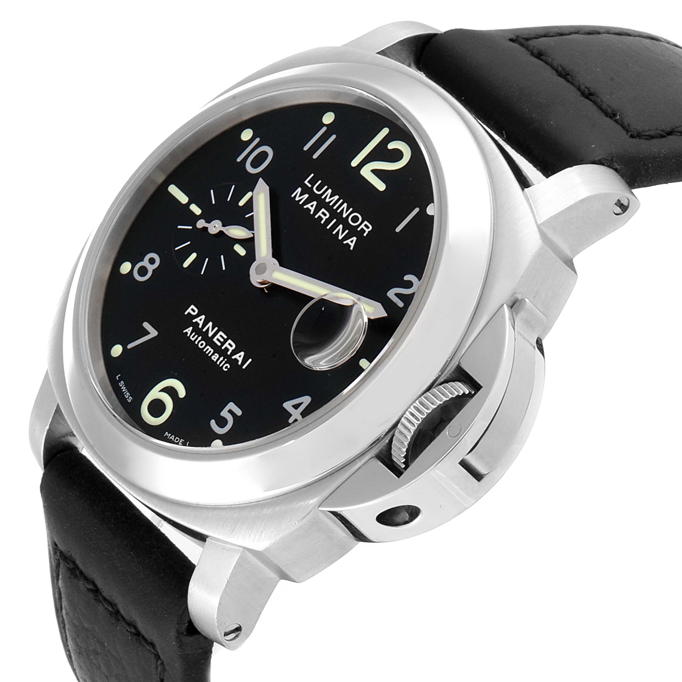 The image shows a side-view angle of the Panerai Luminor PAM00164 Men
s Stainless Steel Black Dial PAM00164 Men
s Stainless Steel Black Dial Marina watch, highlighting the face, crown guard, and leather strap.