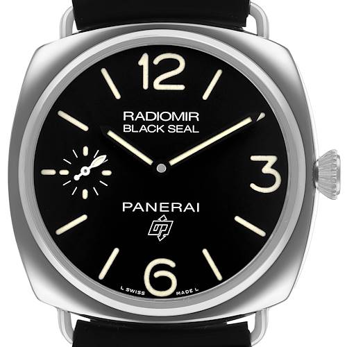 The Panerai Radiomir PAM00754 Men's Stainless Steel Black Dial watch is shown from the front, highlighting the dial, crown, and part of the strap.
