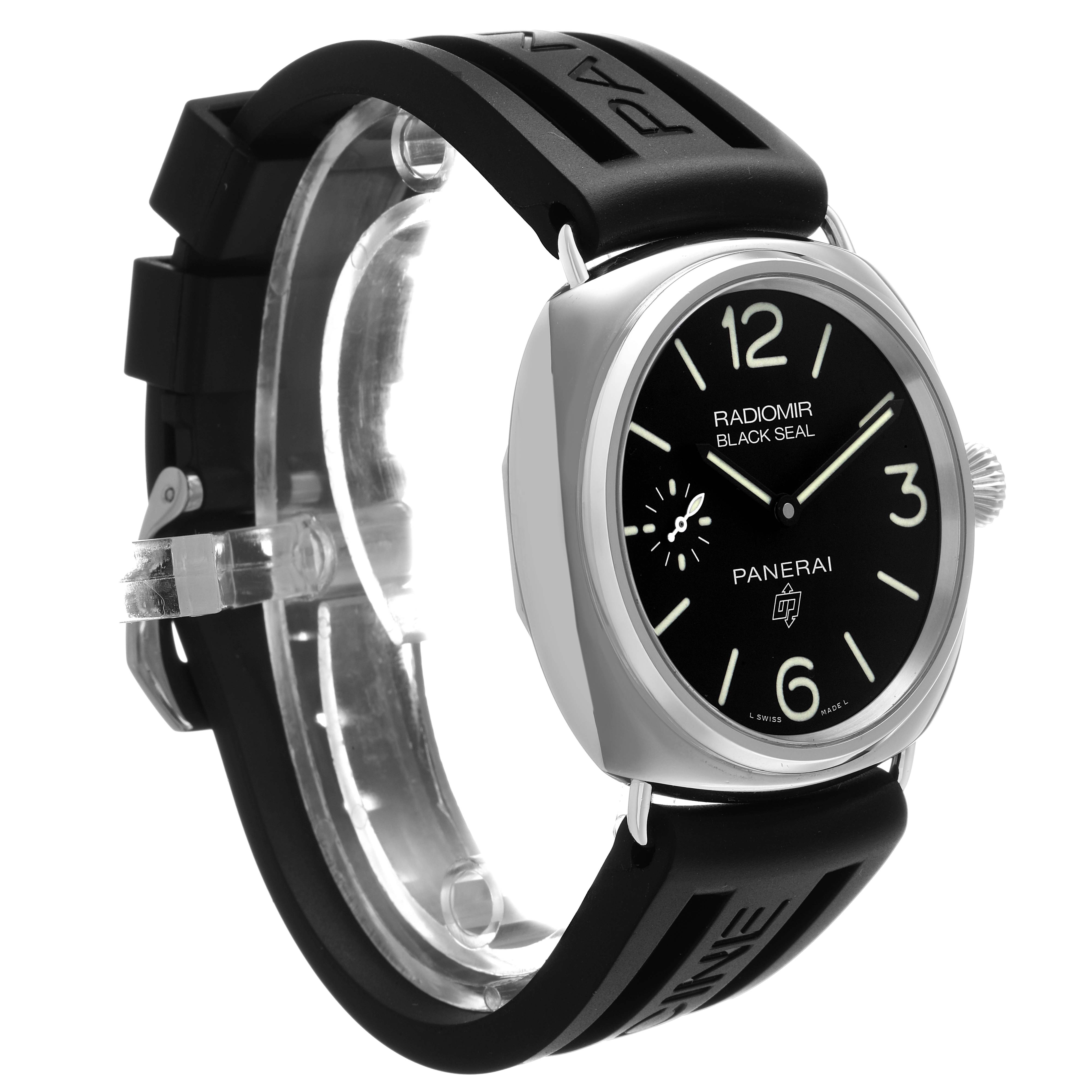 The Panerai Radiomir PAM00754 Men's Stainless Steel Black Dial watch is shown at a three-quarter angle, highlighting the face, crown, and rubber strap.