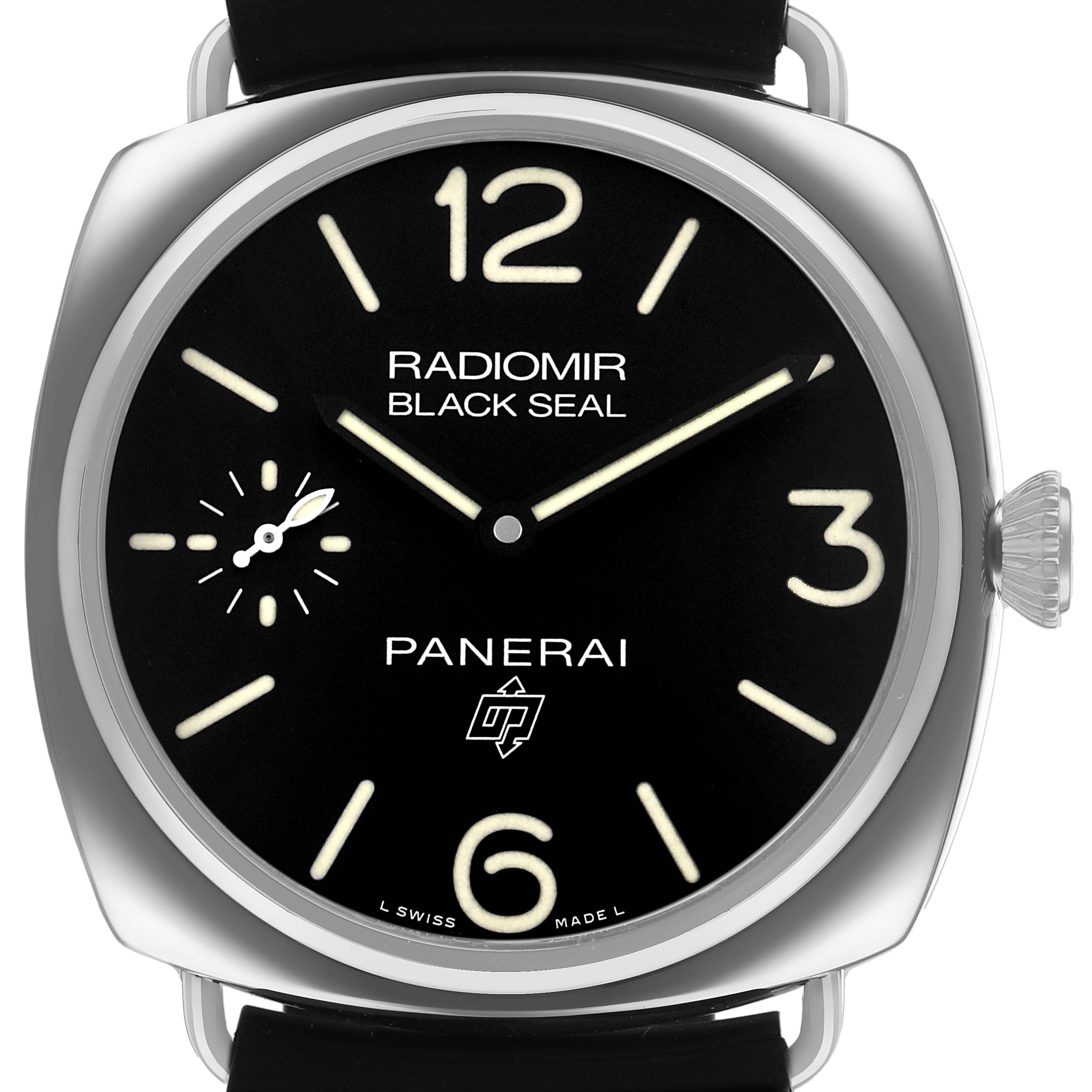 The Panerai Radiomir PAM00754 Men's Stainless Steel Black Dial watch is shown from the front, highlighting its dial, numerals, and crown.