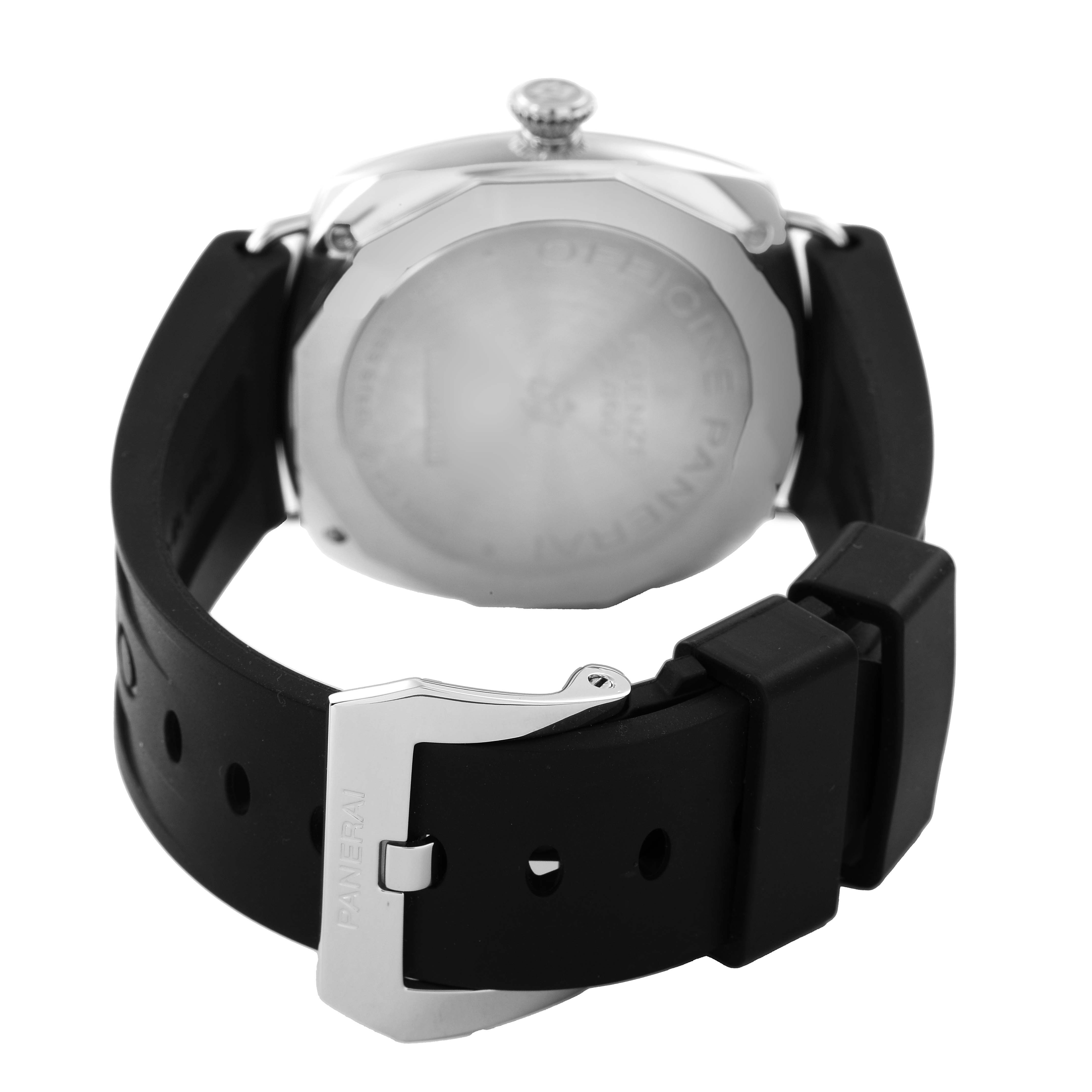The image shows the back view of a Panerai Radiomir PAM00754 Men's Stainless Steel Black Dial watch, highlighting the case back, strap, and buckle.