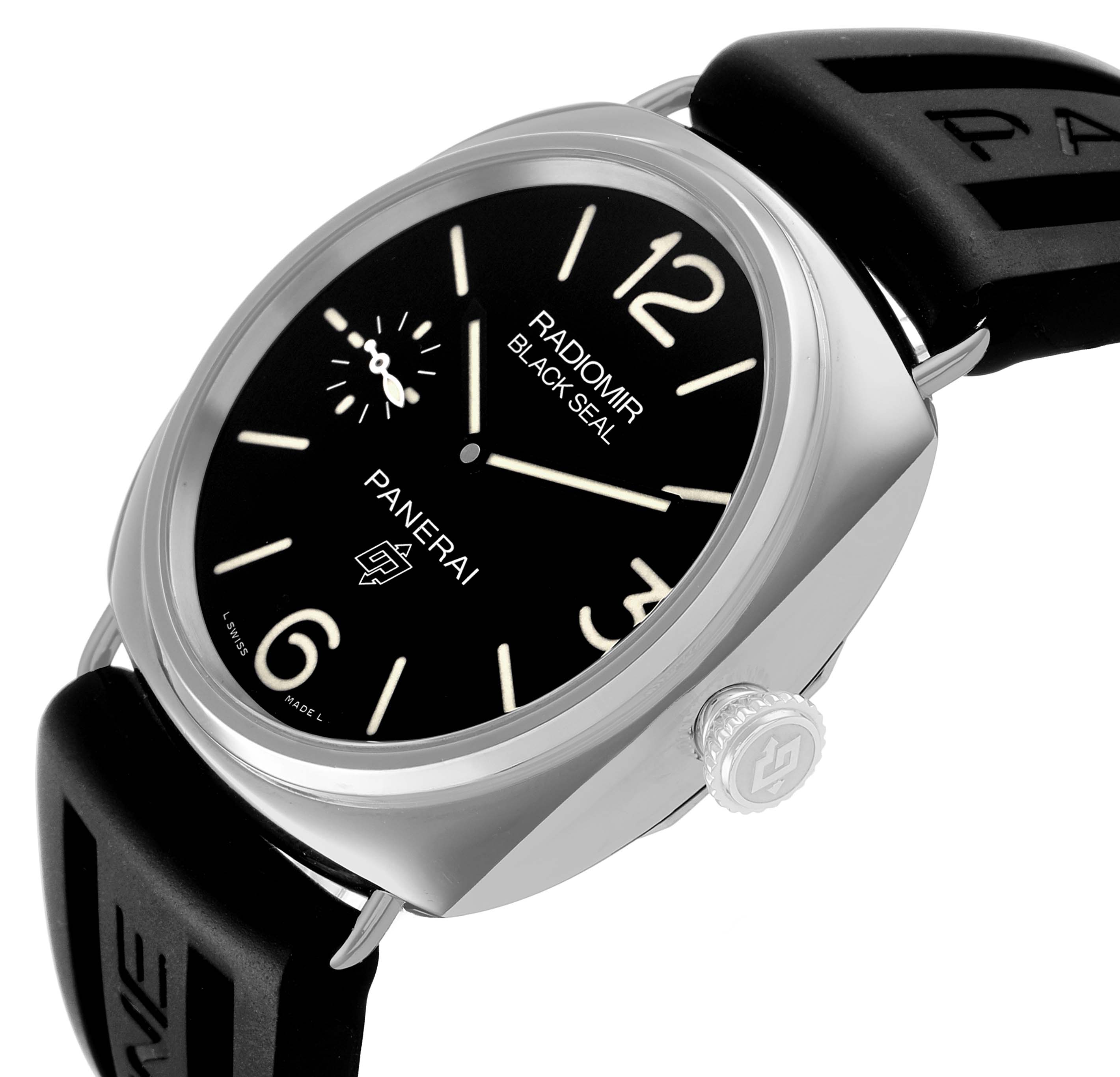 The Panerai Radiomir PAM00754 Men's Stainless Steel Black Dial watch is shown at a 3/4 angle, highlighting its dial, crown, and part of the black strap.