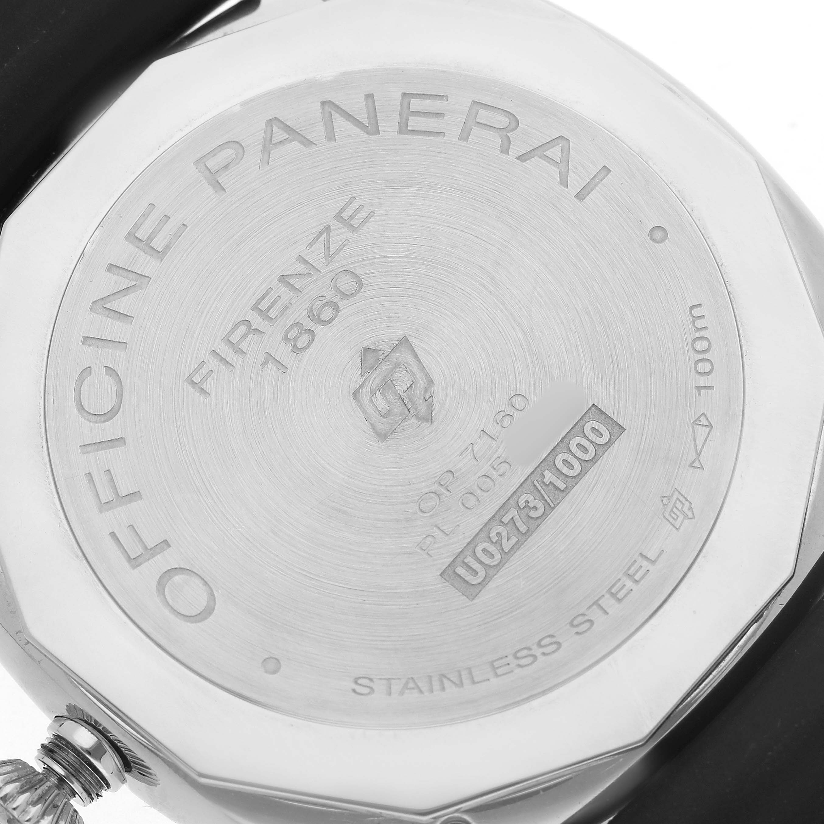 The image shows the back case of the Panerai Radiomir PAM00754 Men's Stainless Steel Black Dial watch, displaying engravings and a serial number.