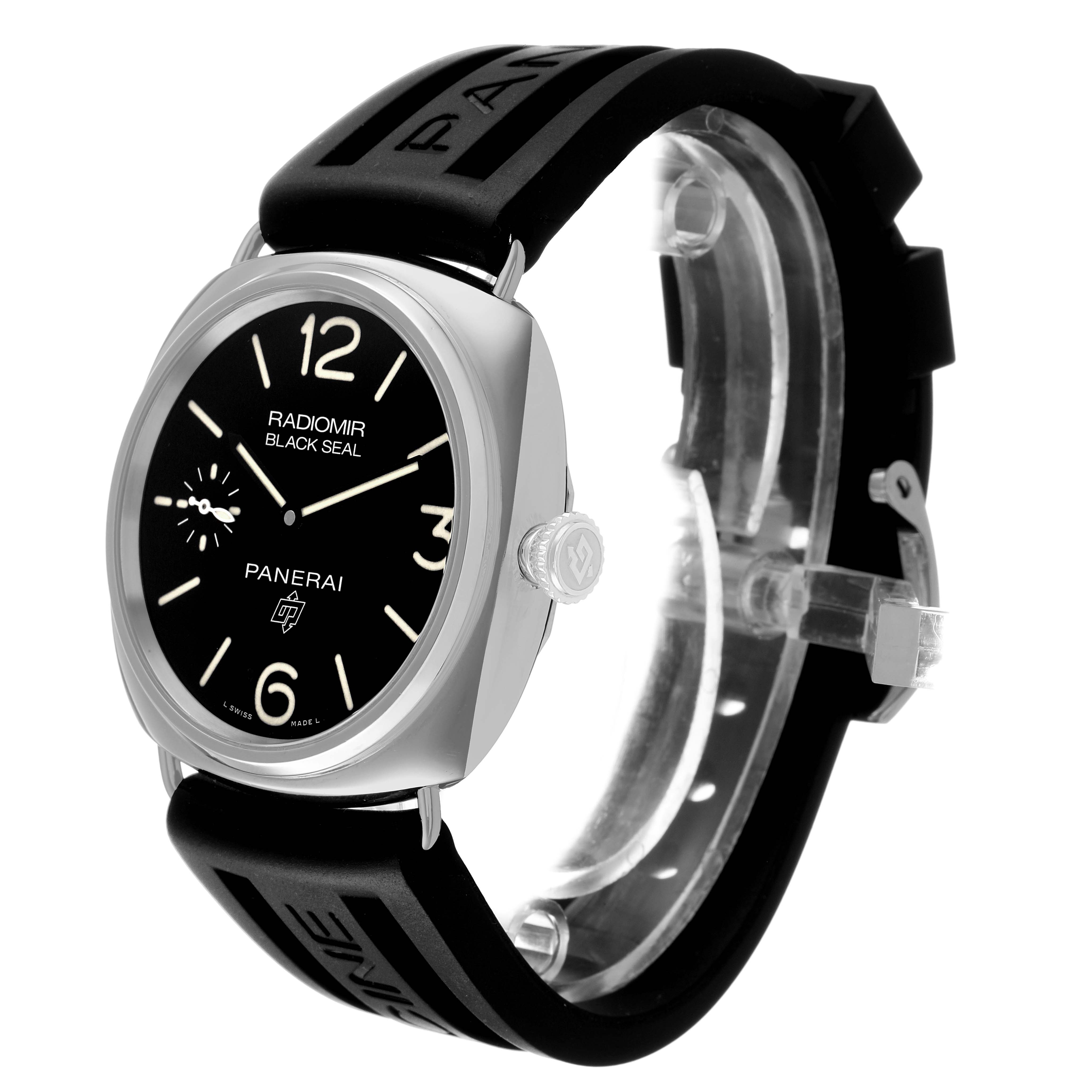 The Panerai Radiomir PAM00754 Men's Stainless Steel Black Dial watch is shown at a slight side angle, highlighting the watch face, crown, and rubber strap.
