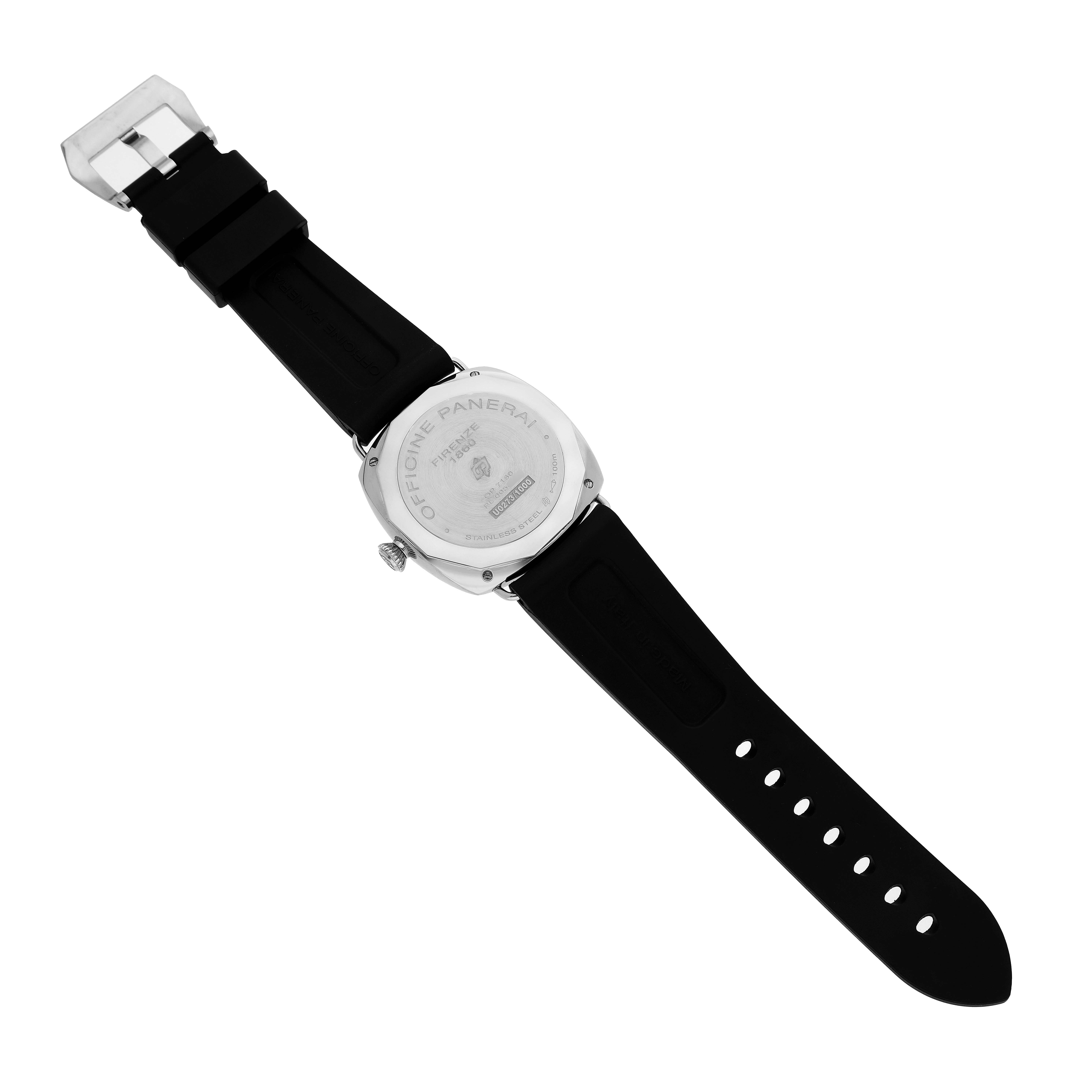 The Panerai Radiomir PAM00754 Men's Stainless Steel Black Dial watch is shown from the back, displaying the case back and black strap with the buckle visible.