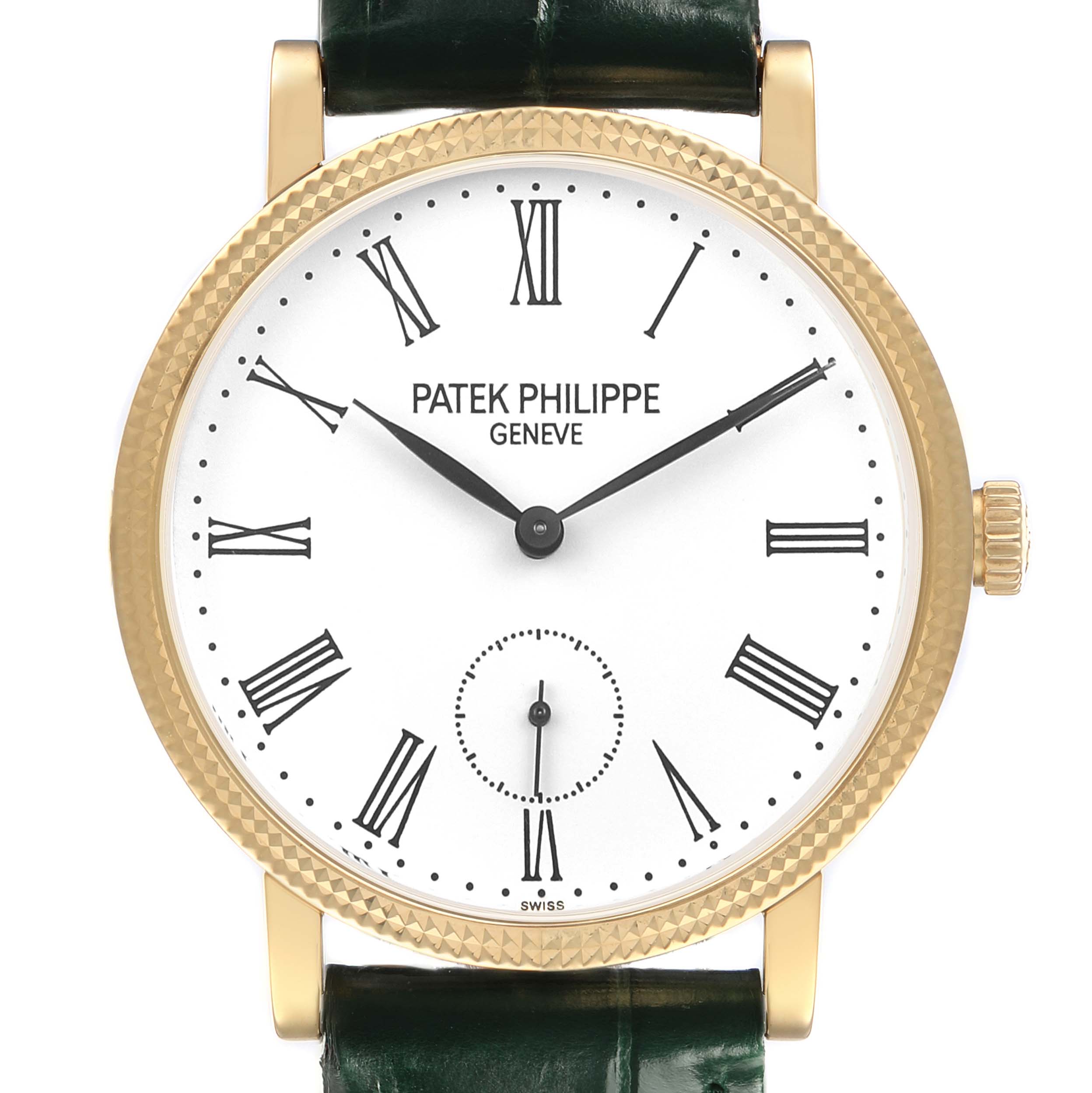 The image shows a front view of the Patek Philippe Calatrava 7119 / 7119J Women's Yellow Gold White Dial watch, highlighting its face and bezel details.