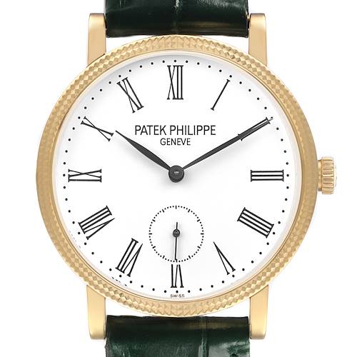 The Patek Philippe Calatrava 7119 / 7119J Women's Yellow Gold White Dial watch is shown head-on, displaying the dial, case, Roman numerals, and leather strap.