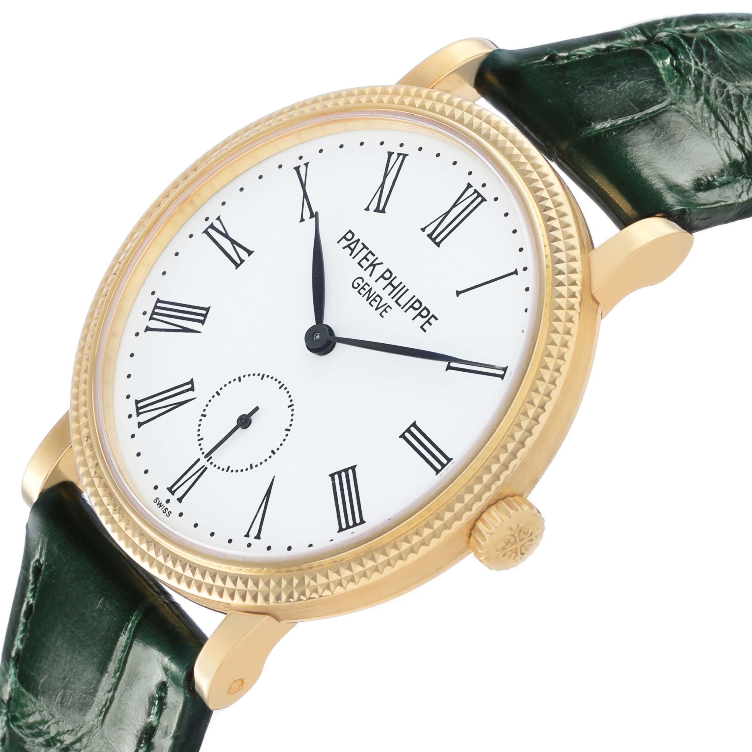 The Patek Philippe Calatrava 7119 / 7119J Women's Yellow Gold White Dial watch is shown at a slight angle, displaying the dial, case, crown, and leather strap.