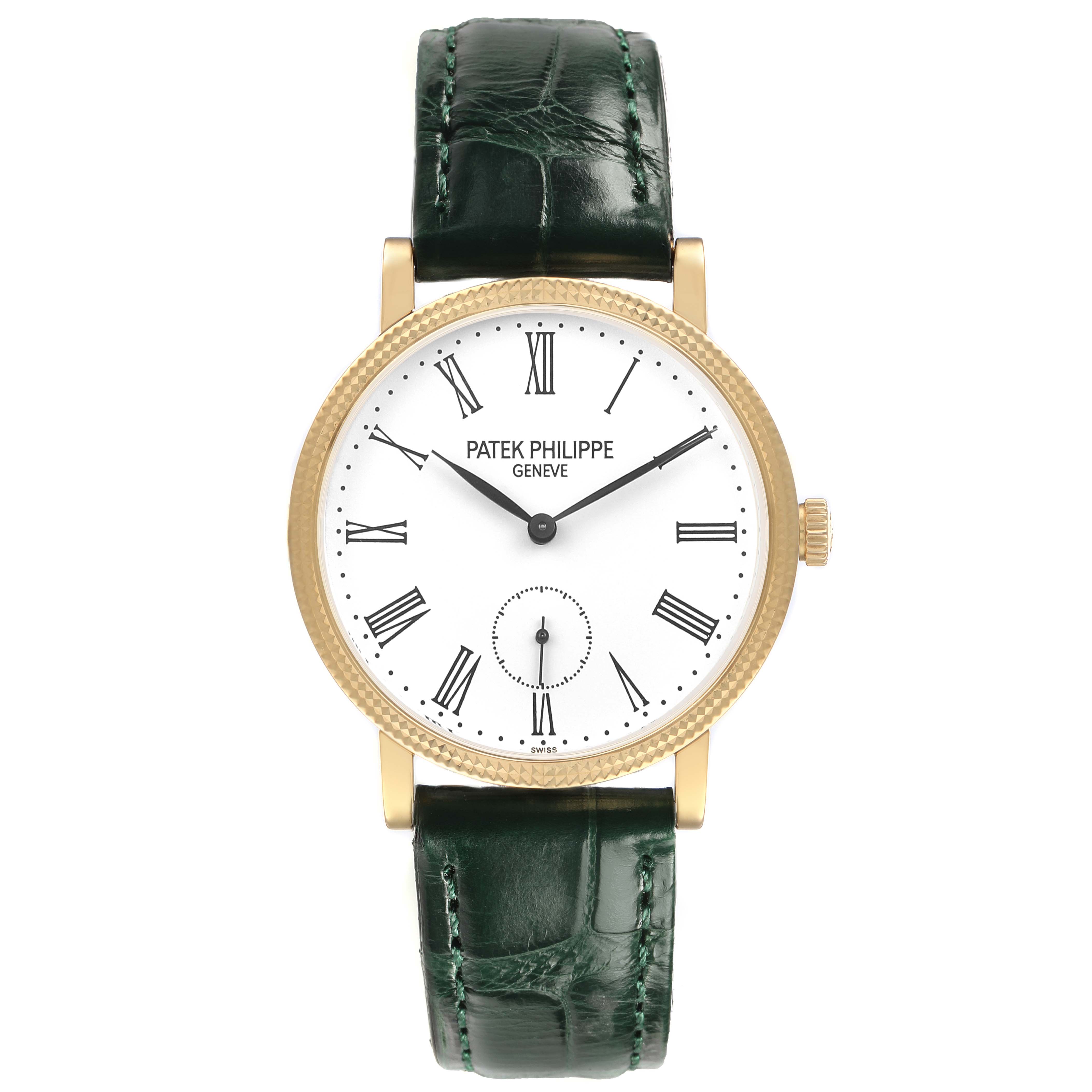 The Patek Philippe Calatrava 7119 / 7119J Women's Yellow Gold White Dial watch is shown from the front, displaying the face, hands, Roman numerals, and green leather strap.