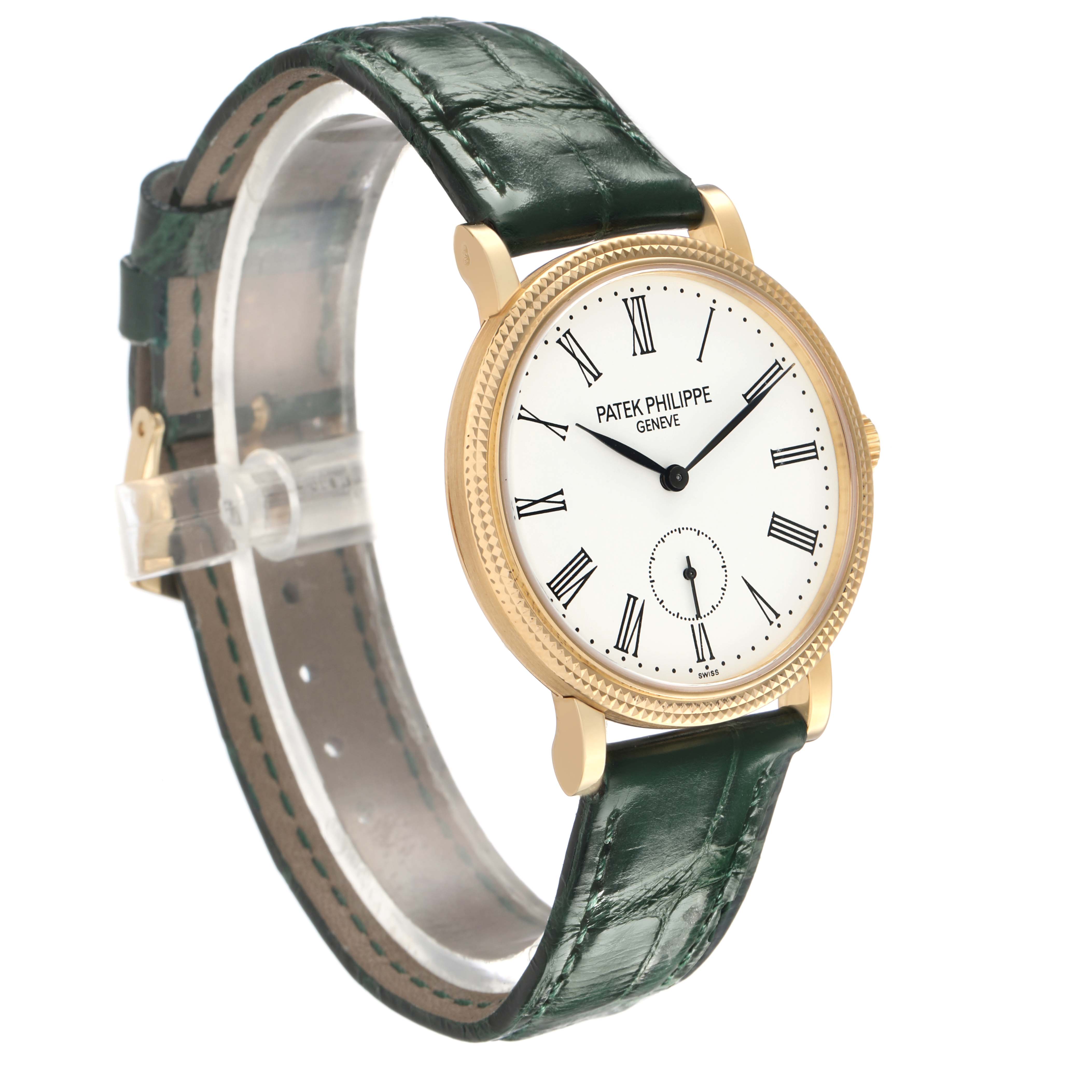 The Patek Philippe Calatrava 7119 / 7119J Women's Yellow Gold White Dial is shown at a 3/4 angle, highlighting the dial, case, and green leather strap.