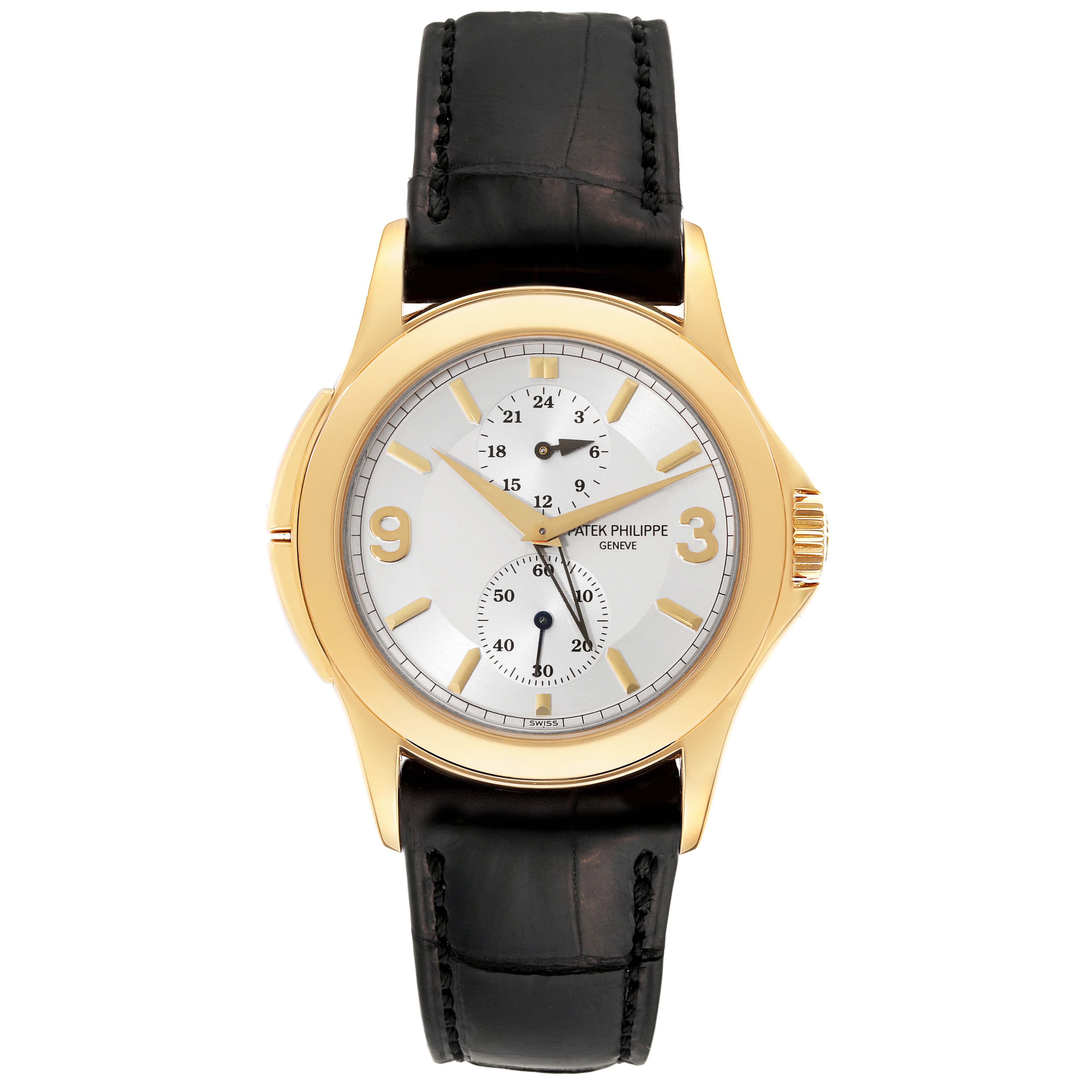 This image shows a front view of a Patek Philippe Calatrava 5134J Men's Yellow Gold Silver Dial 5134J Men's Yellow Gold Silver Dial watch with a black leather strap.
