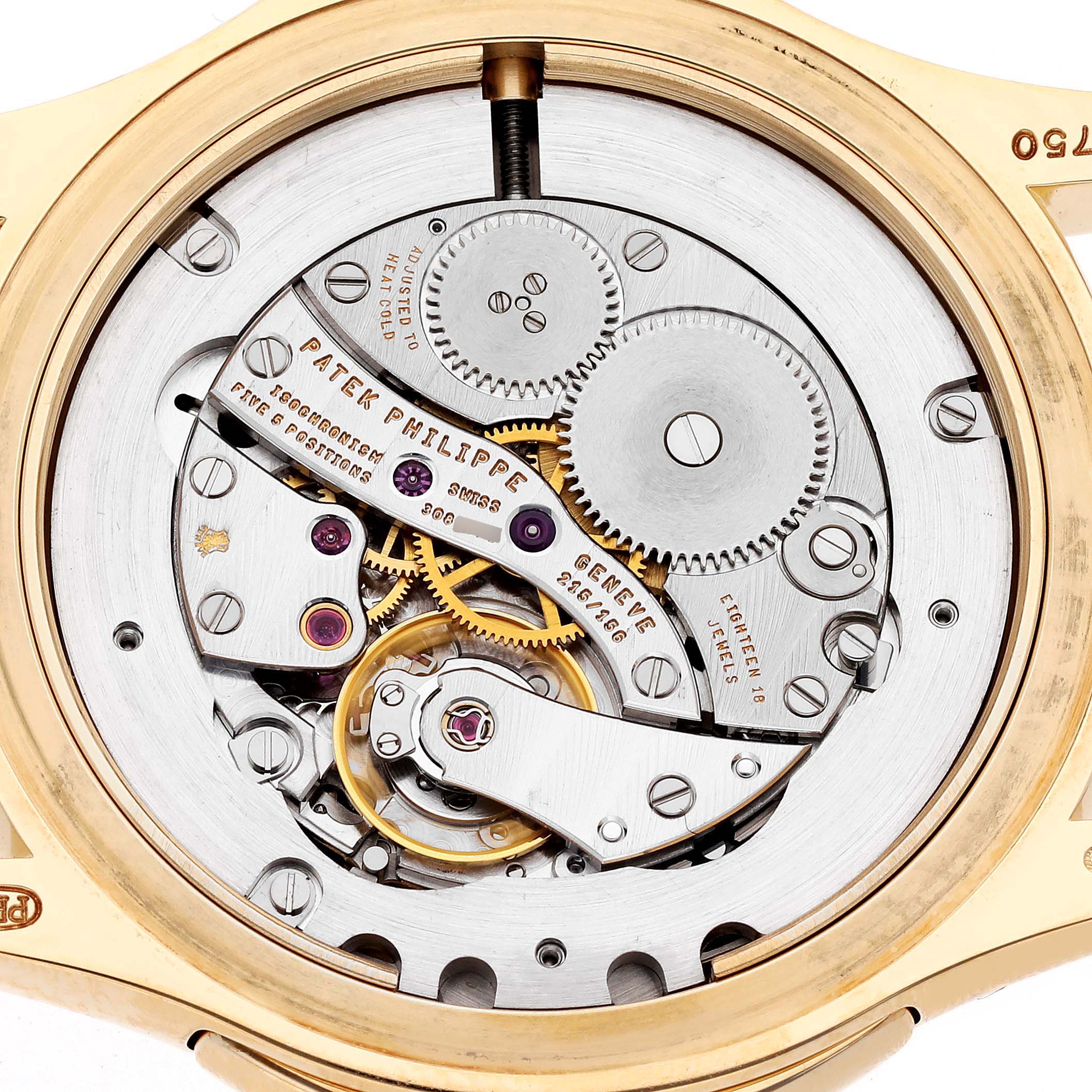 The image shows the movement mechanism of a Patek Philippe Calatrava 5134J Men's Yellow Gold Silver Dial 5134J Men's Yellow Gold Silver Dial watch from a rear angle, showcasing its intricate gears and components.