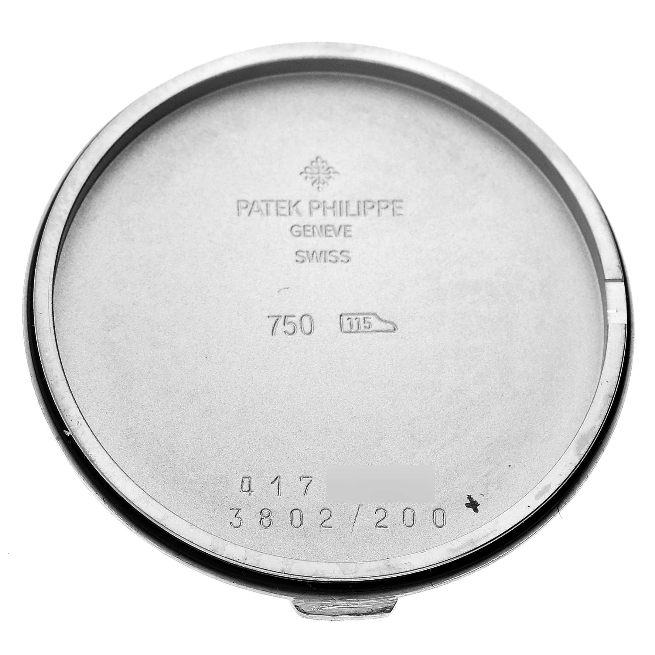This image shows the case back of a Patek Philippe Calatrava 3802/200G-001 Men's White Gold White Dial 3802/200G-001 Men's White Gold White Dial model watch, displaying its internal markings.