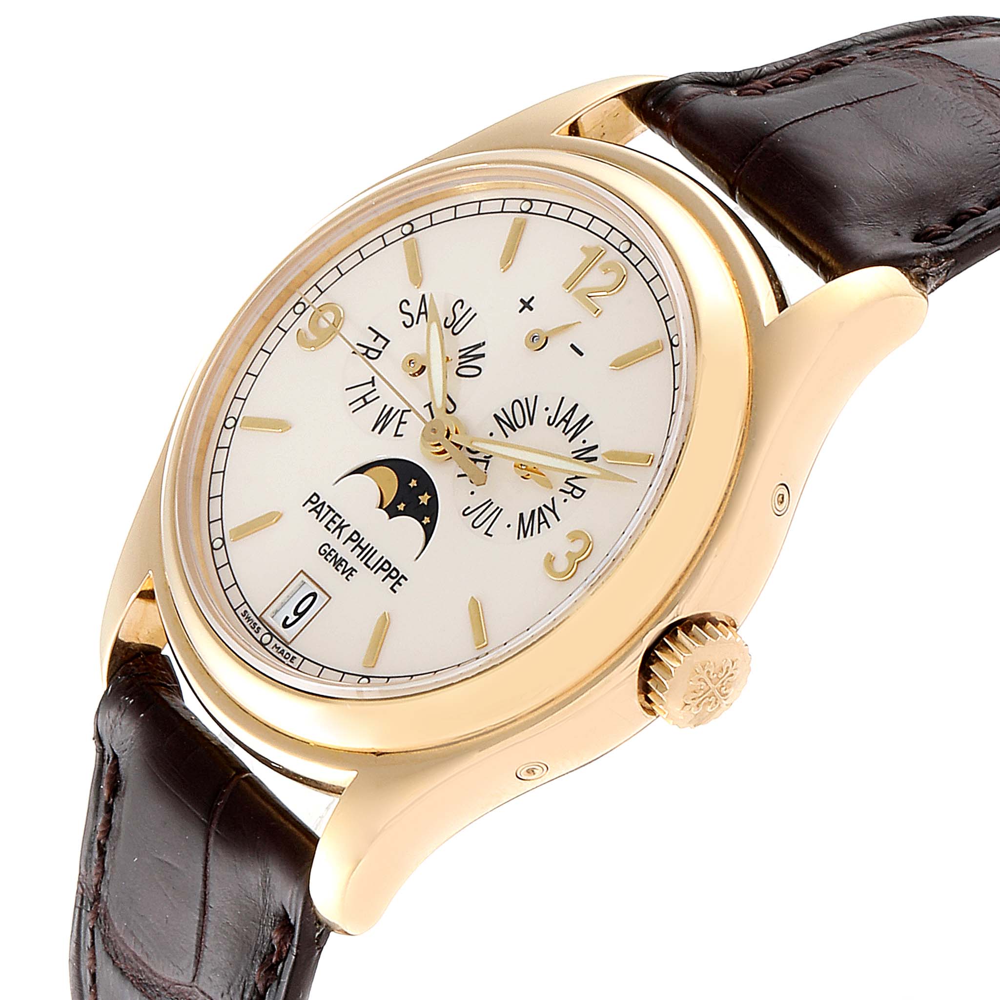 This image shows a side view of the dial and case of the Patek Philippe 5146J Men's Yellow Gold Beige Dial 5146J Men's Yellow Gold Beige Dial 5146 Complicated Annual Calendar Yellow Gold Men's Watch.