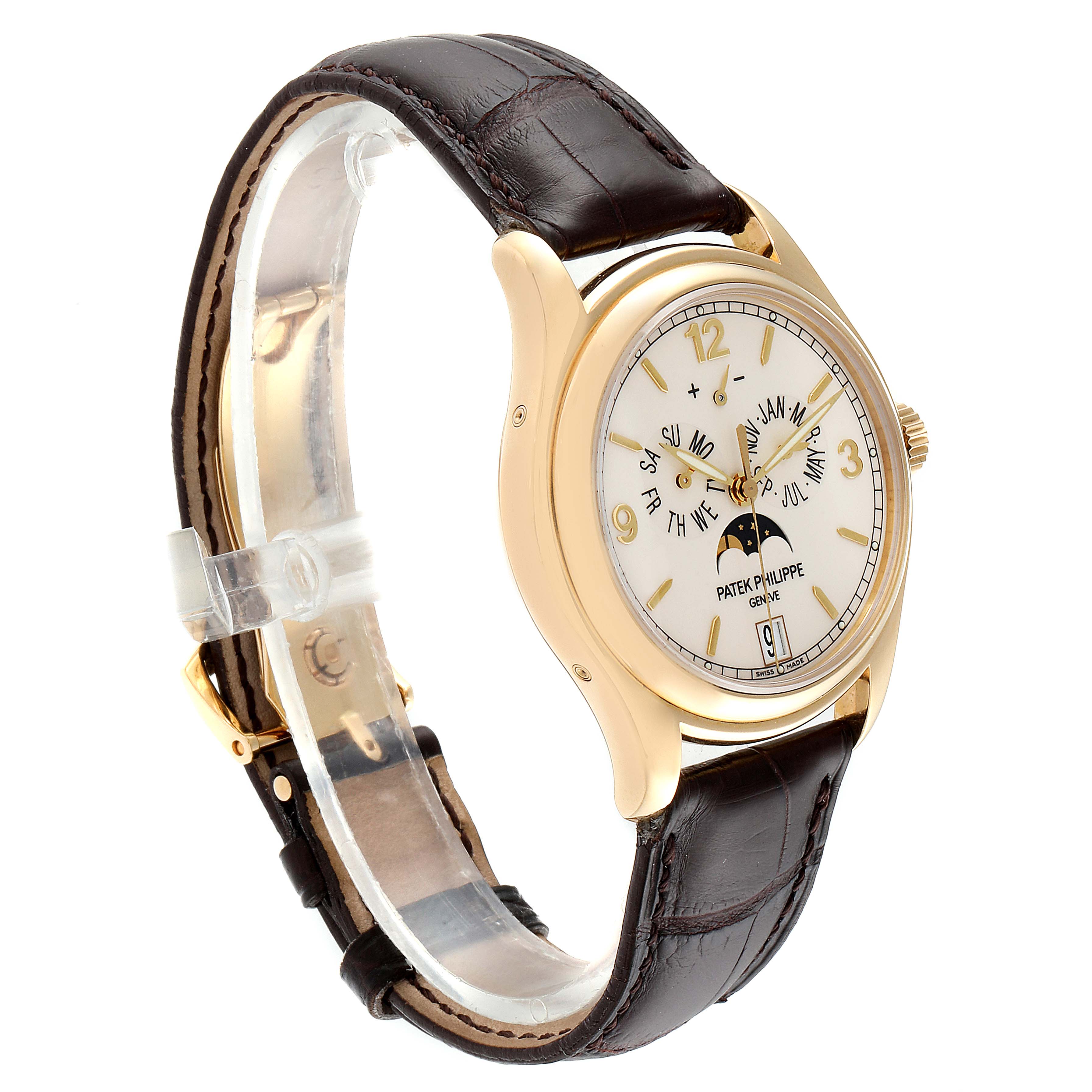 The image shows a side view angle of the Patek Philippe 5146J Men's Yellow Gold Beige Dial 5146J Men's Yellow Gold Beige Dial Complicated Annual Calendar Yellow Gold Mens Watch 5146 with a brown leather strap.