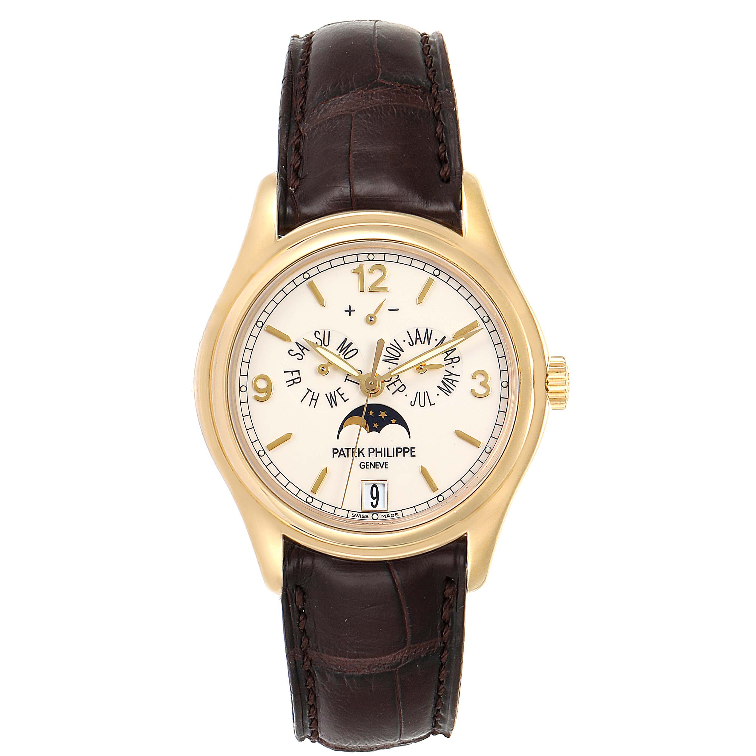 The image shows a front view of the Patek Philippe 5146J Men's Yellow Gold Beige Dial 5146J Men's Yellow Gold Beige Dial Complicated Annual Calendar Yellow Gold Mens Watch 5146 model with a leather strap.