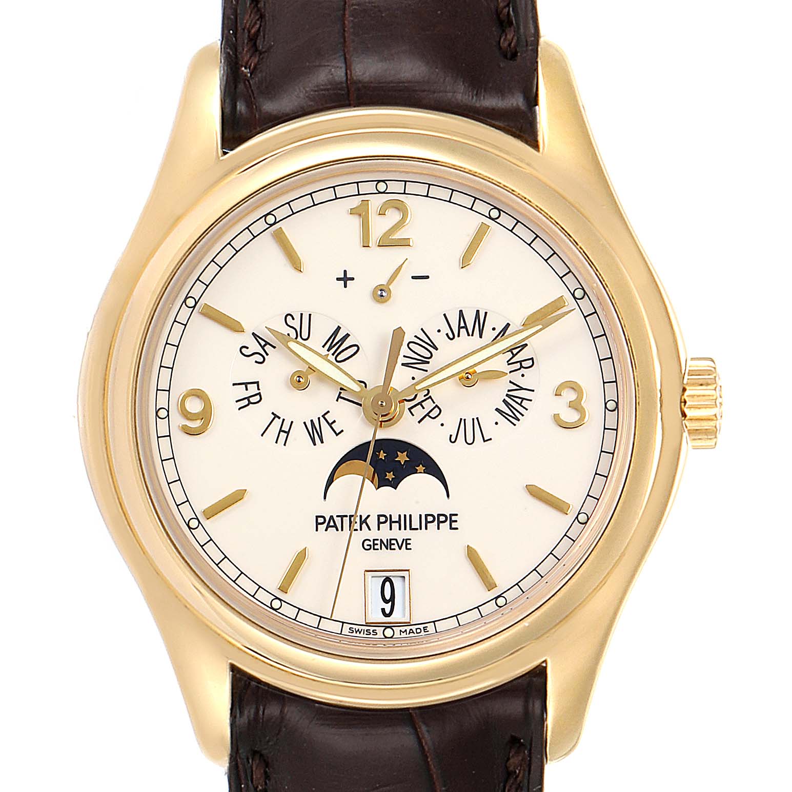 This image shows the front view of the Patek Philippe 5146J Men's Yellow Gold Beige Dial 5146J Men's Yellow Gold Beige Dial Complicated Annual Calendar Yellow Gold Men's Watch 5146 model, displaying its dial and face.