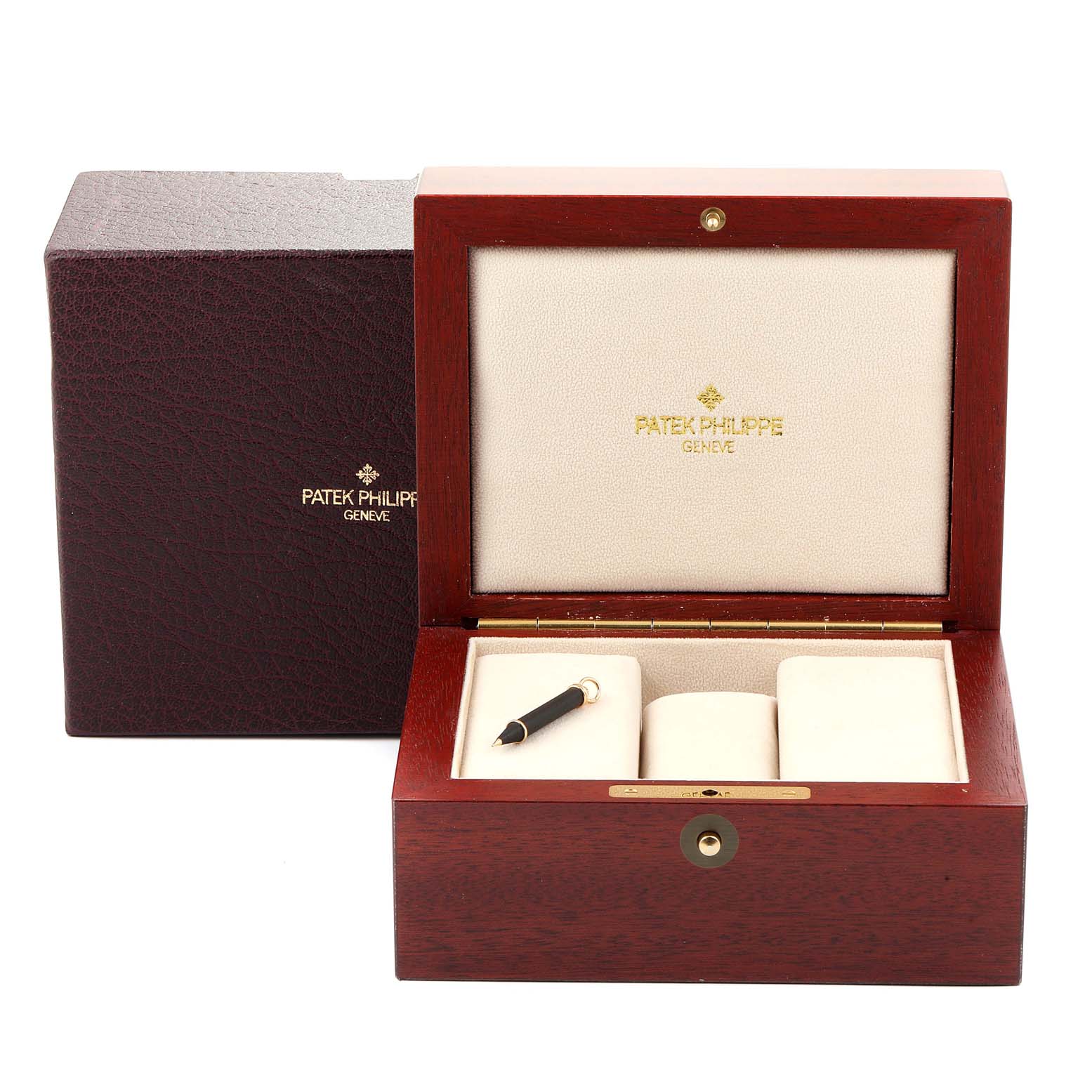 The image shows a Patek Philippe 5146J Men's Yellow Gold Beige Dial 5146J Men's Yellow Gold Beige Dial 5146 Complicated Annual Calendar Yellow Gold Men's Watch box and accessories, including a tool, viewed from the front.