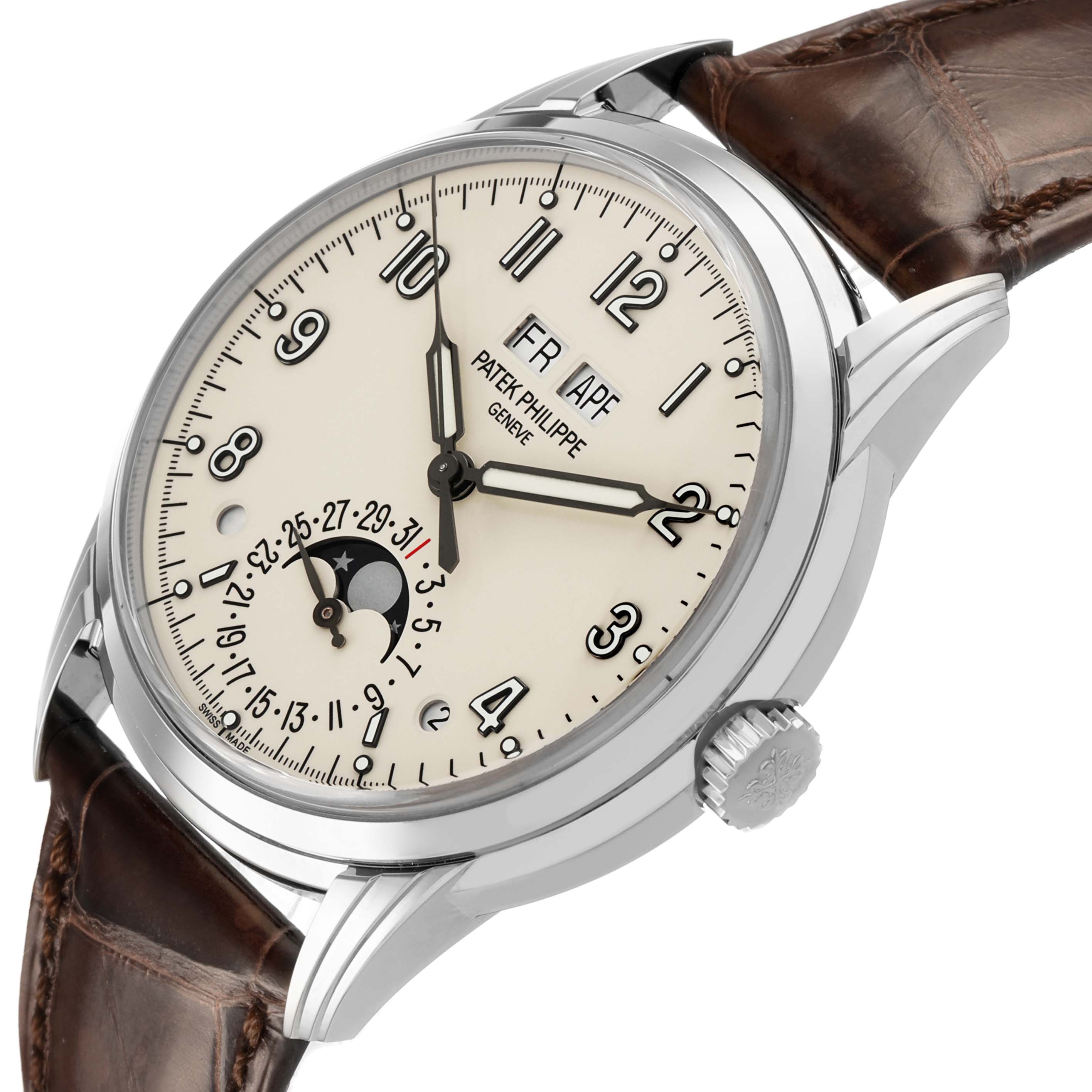 The Patek Philippe Complications 5320G-001 Men's Yellow Gold White Dial watch is shown at a slight angled view, highlighting the face, hands, crown, and leather strap.