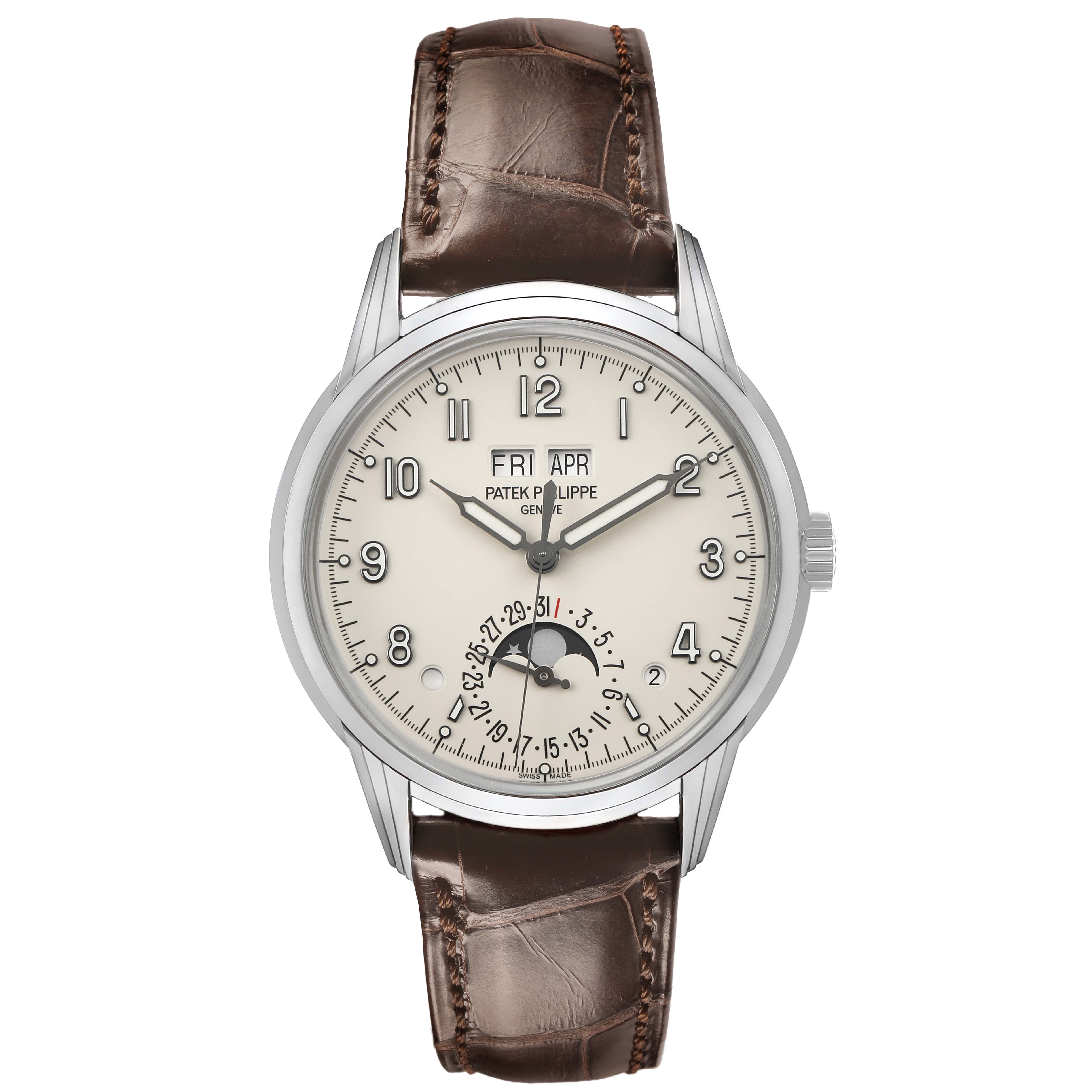 The image shows a front view of the Patek Philippe Complications 5320G-001 Men's Yellow Gold White Dial watch, highlighting the dial, bezel, and brown leather strap.