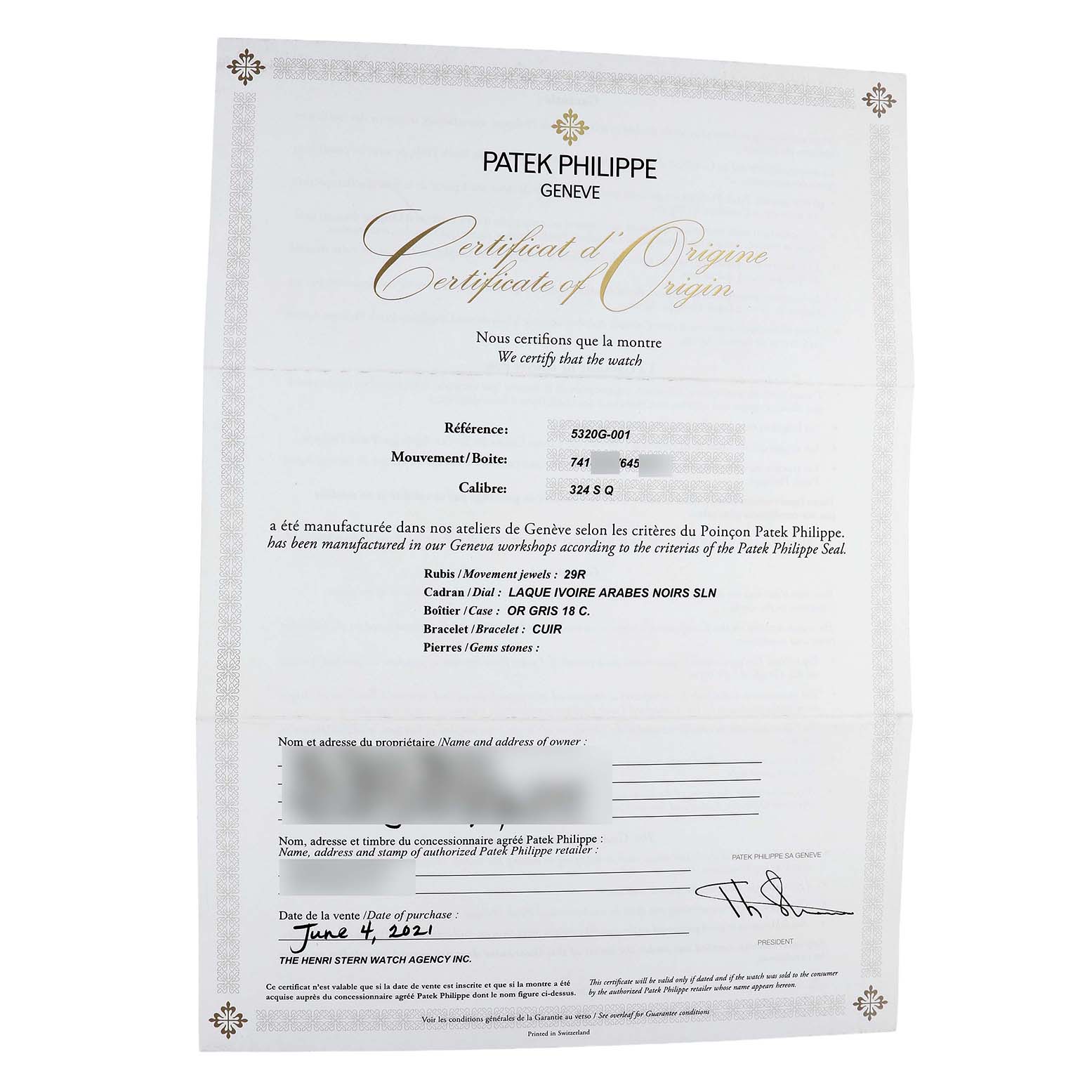 The image shows a Certificate of Origin for a Patek Philippe Complications 5320G-001 Men's Yellow Gold White Dial watch.