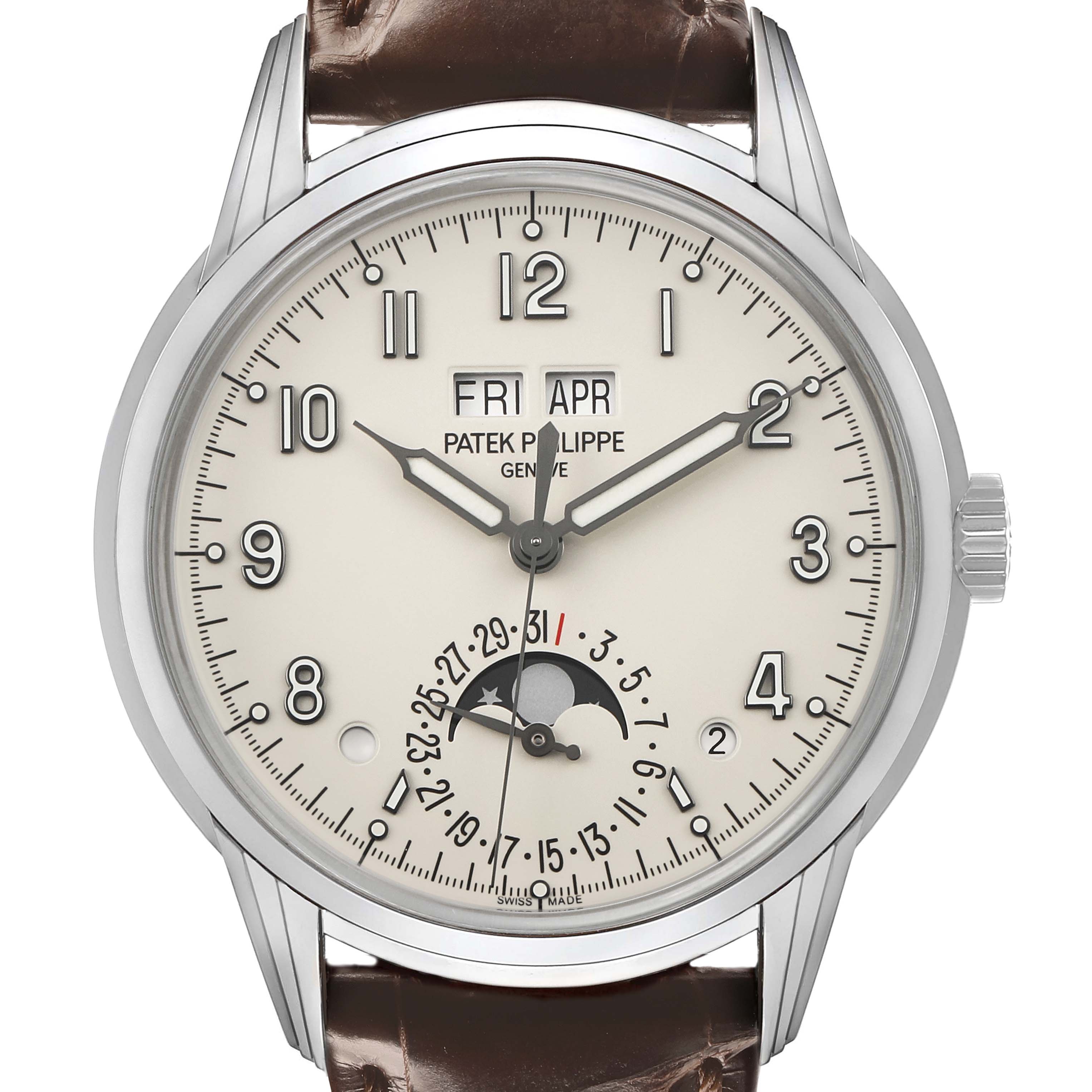 The Patek Philippe Complications 5320G-001 Men's Yellow Gold White Dial watch is shown from the front, displaying the dial, hands, date, day, month, and moon phase.