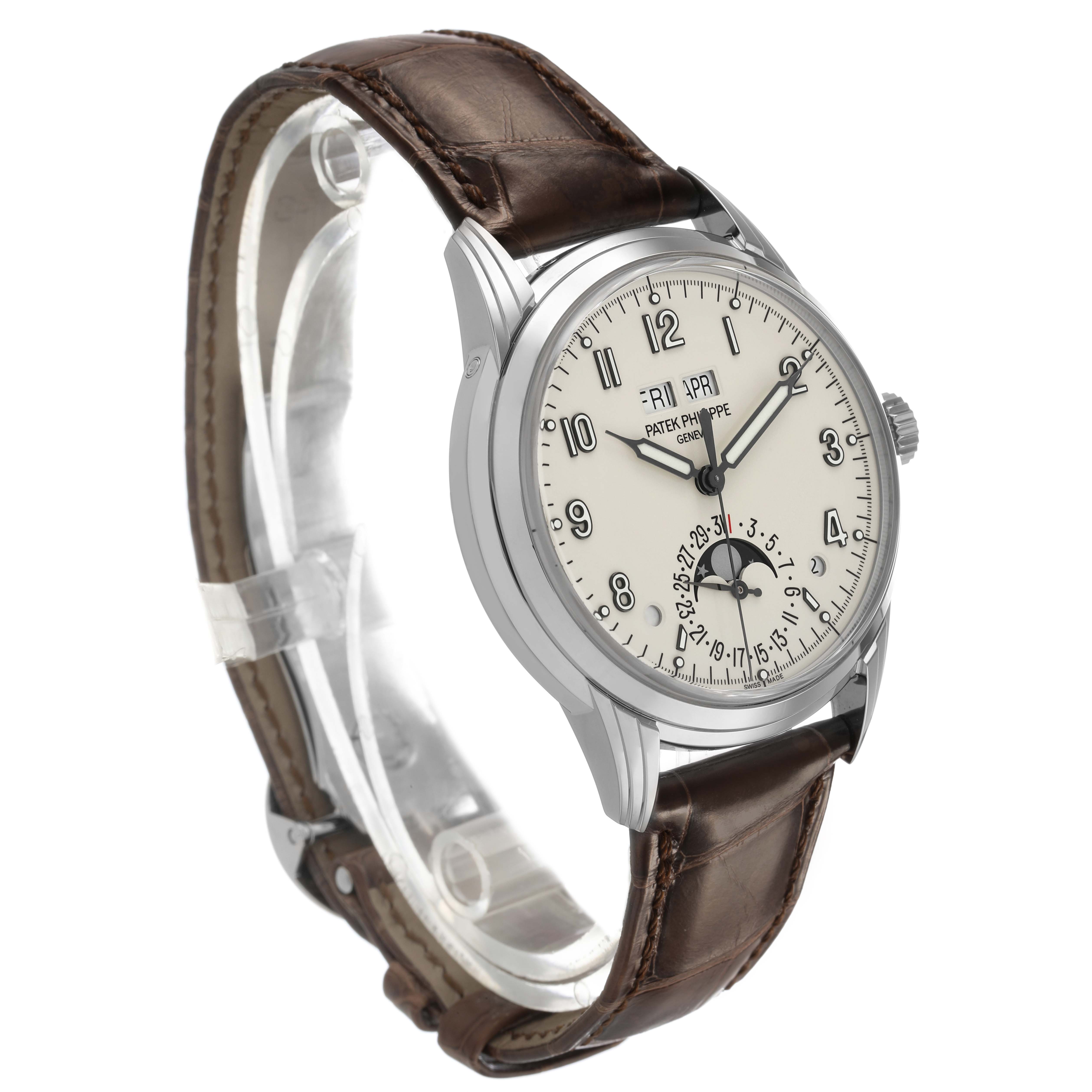 The Patek Philippe Complications 5320G-001 Men's Yellow Gold White Dial watch is shown at a three-quarter angle, highlighting the face, hands, and brown leather strap.