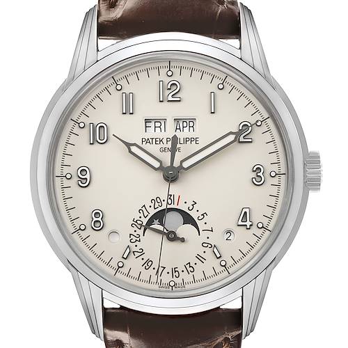 The Patek Philippe Complications 5320G-001 Men's Yellow Gold White Dial watch is shown from the front, displaying the dial, day and month windows, moon phase, and a date hand.