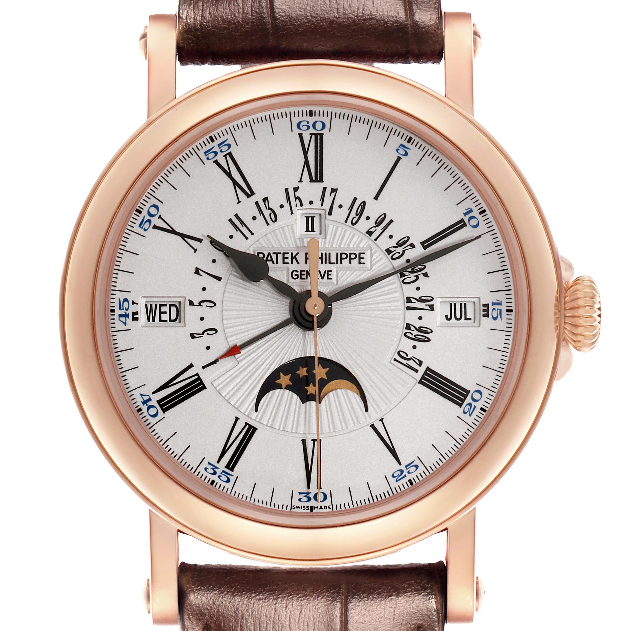 The image shows a frontal view of a Patek Philippe Complications 5159R Men's Rose Gold White Dial watch, highlighting its dial with calendar and moon phase.