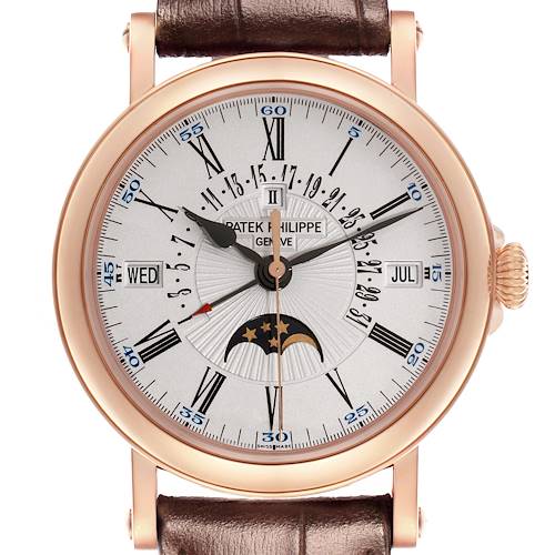 The image shows a front view of a Patek Philippe Complications 5159R Men's Rose Gold White Dial watch, highlighting its dial, hands, moon phase, and calendar features.