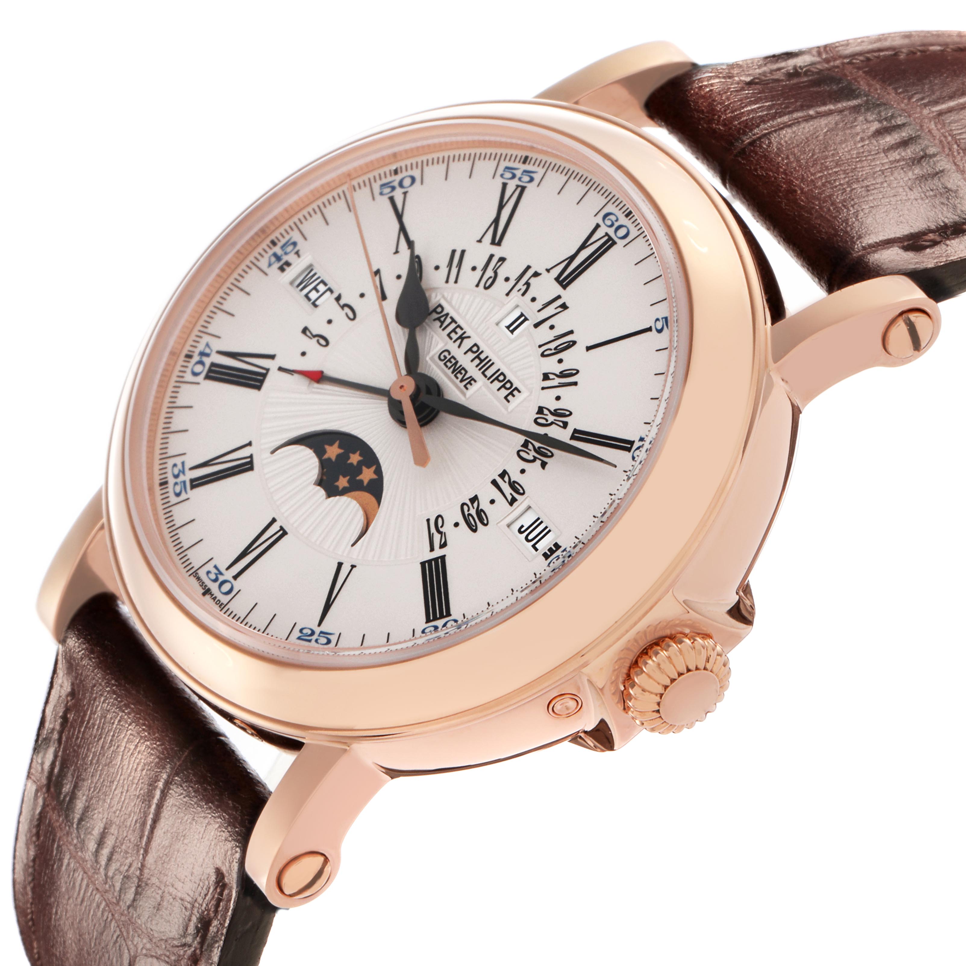 The Patek Philippe Complications 5159J-001 Men's Rose Gold White Dial 5159J-001 Men's Rose Gold White Dial watch is shown at a side angle, highlighting the dial, crown, and leather strap.