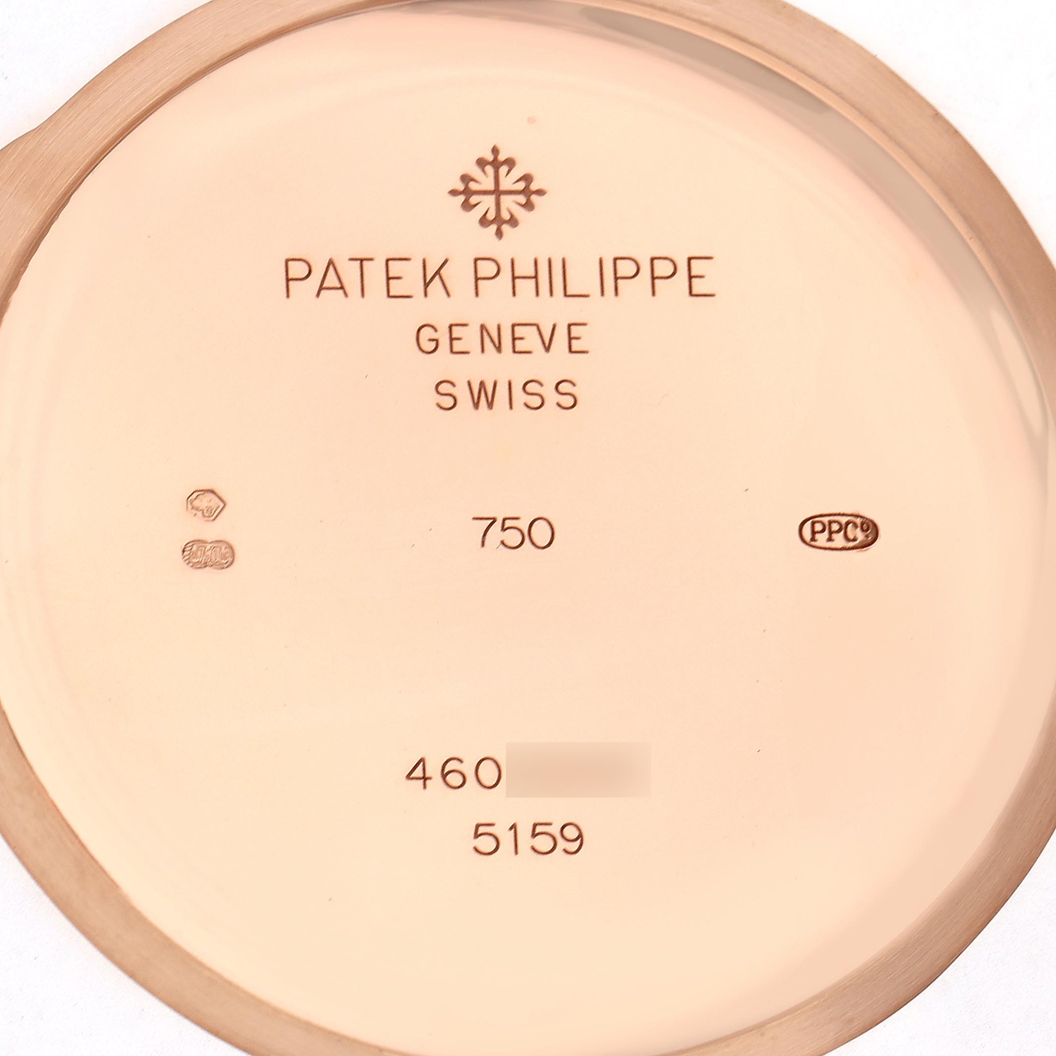 The image shows the inside of the case back for a Patek Philippe Complications 5159J-001 Men's Rose Gold White Dial 5159J-001 Men's Rose Gold White Dial model.