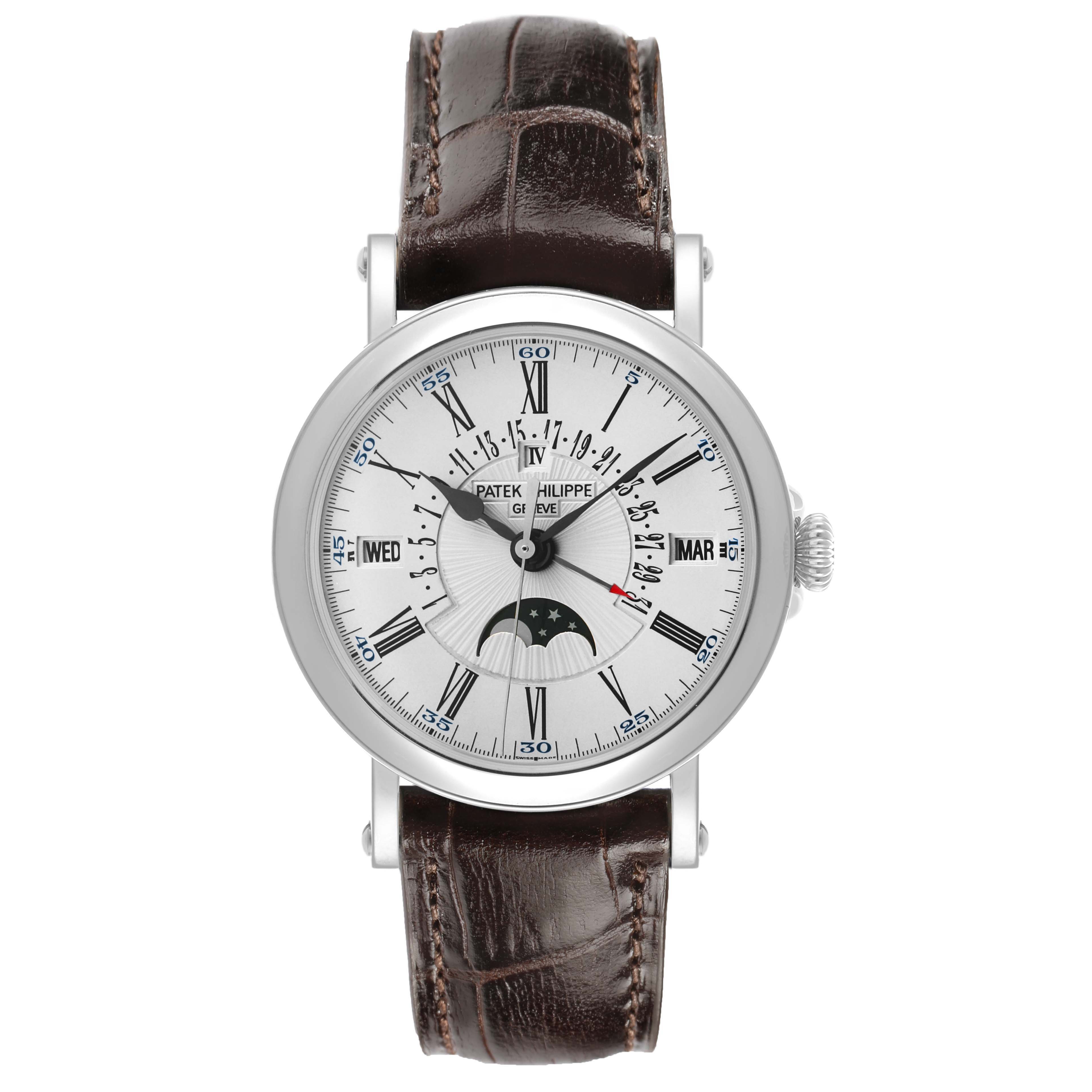 The image shows a front view of the Patek Philippe Complications 5159G-001 Men's White Gold Silver Dial watch with its dial and leather strap clearly visible.