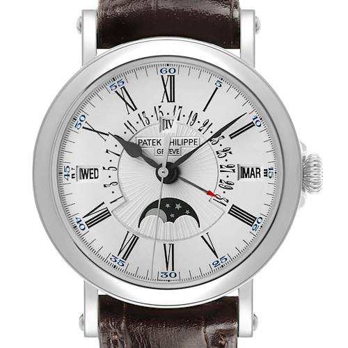 The Patek Philippe Complications 5159G-001 Men's White Gold Silver Dial watch is shown from a front view, highlighting its face, moon phase, and calendar features.
