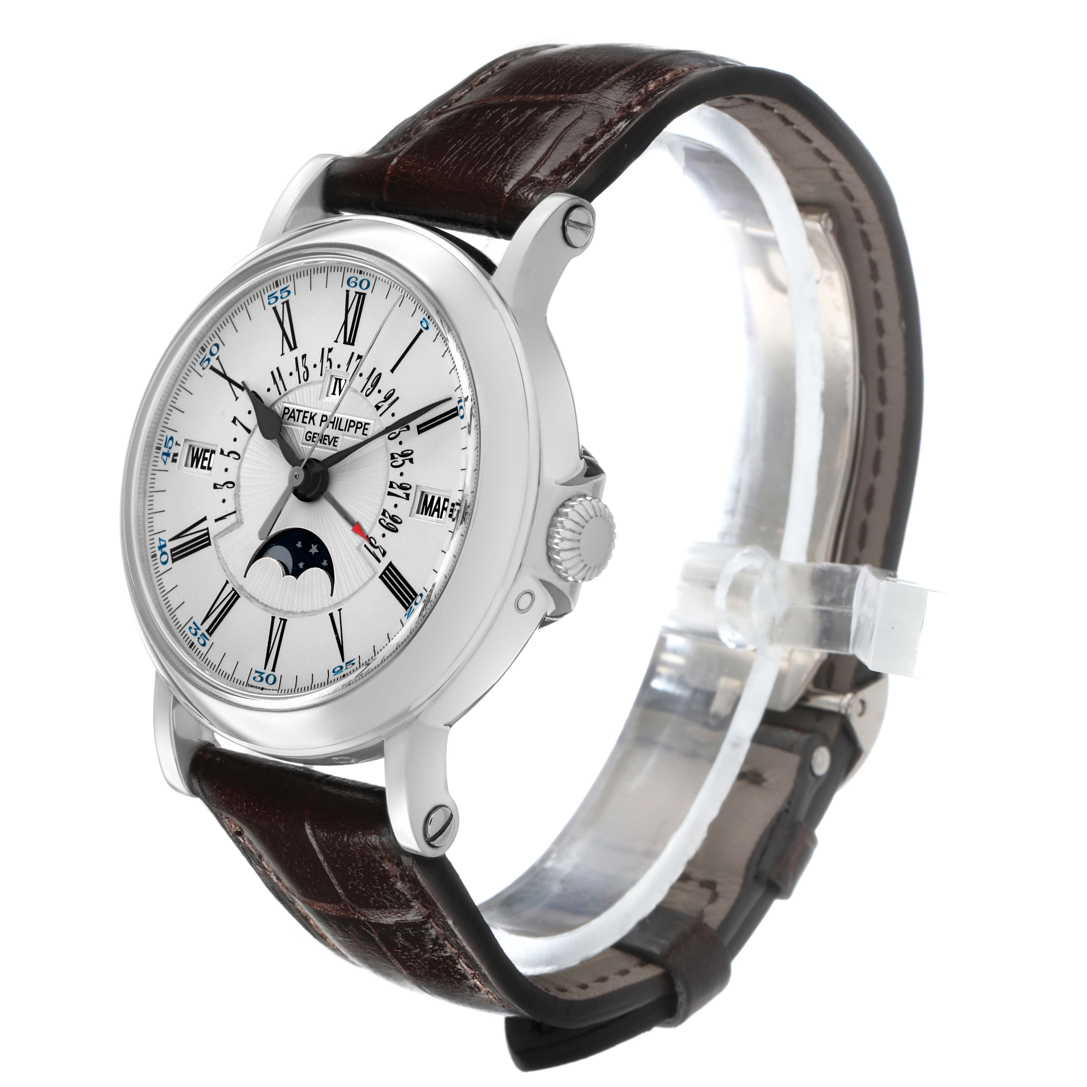 The Patek Philippe Complications 5159G-001 Men's White Gold Silver Dial model is shown at a three-quarter angle, displaying the dial, case, crown, and leather strap.