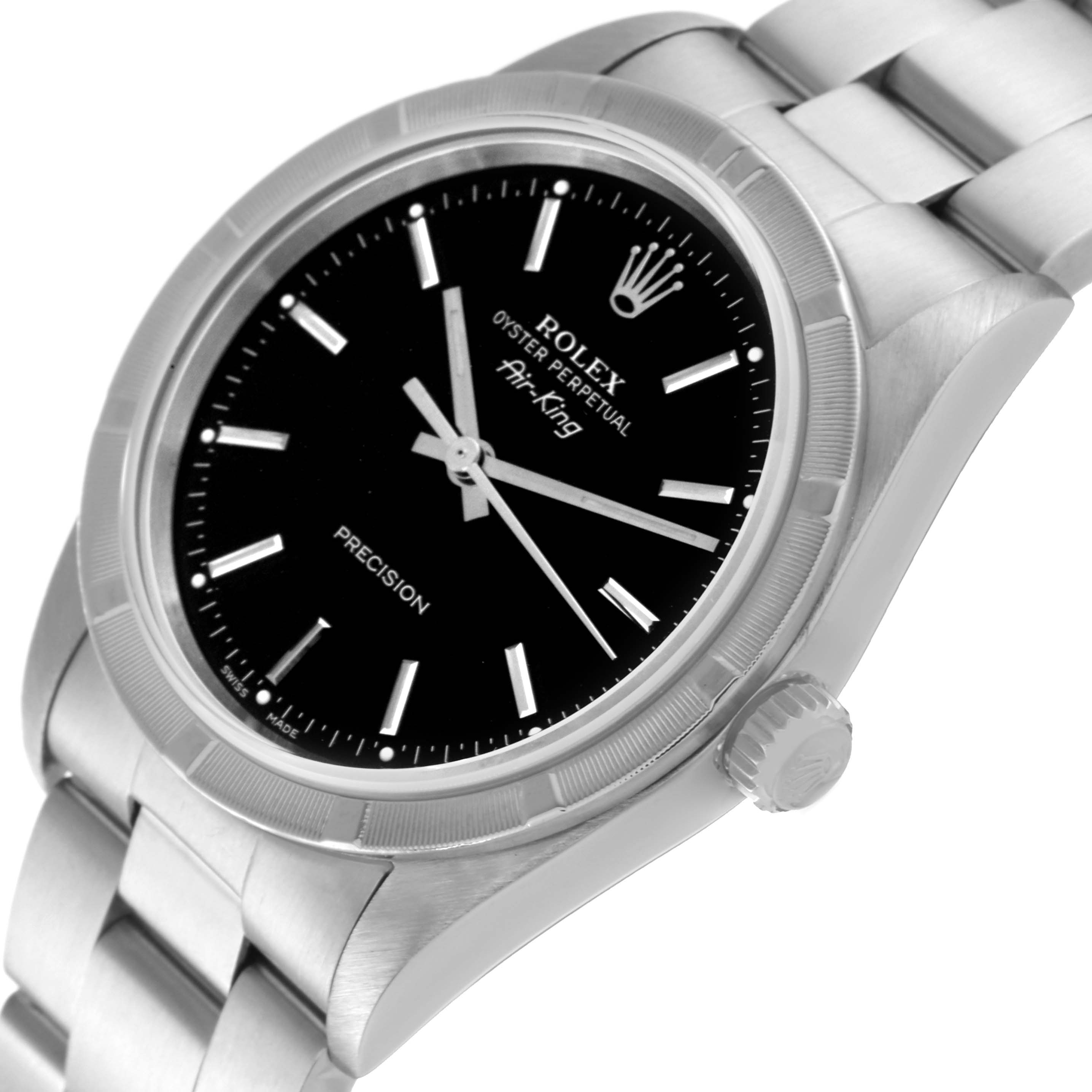 The image shows a close-up angled view of the Rolex Air-King 14010 Men's Stainless Steel Black Dial 14010 Men's Stainless Steel Black Dial watch, highlighting the black dial, bezel, and part of the bracelet.