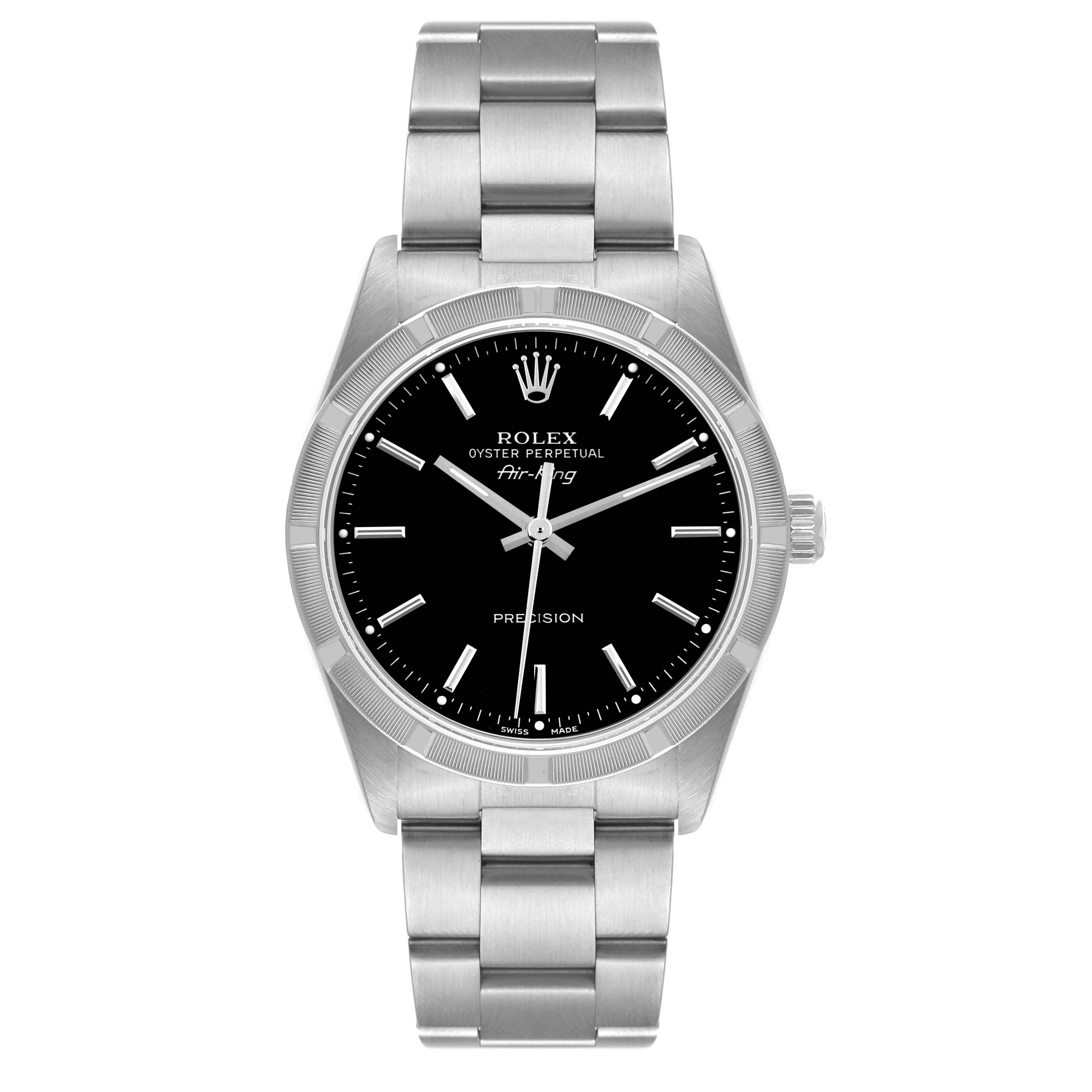 The image shows a front view of a Rolex Air-King 14010 Men's Stainless Steel Black Dial 14010 Men's Stainless Steel Black Dial watch, displaying the dial, bezel, hands, and bracelet.