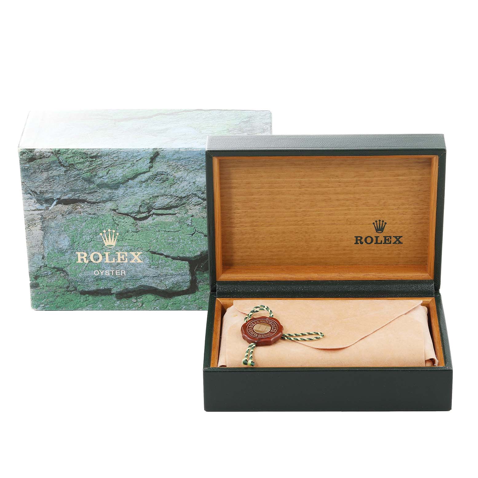 The image shows the box and packaging accessories for a Rolex Air-King 14010 Men's Stainless Steel Black Dial 14010 Men's Stainless Steel Black Dial model watch, including the outer box and inner wooden box.