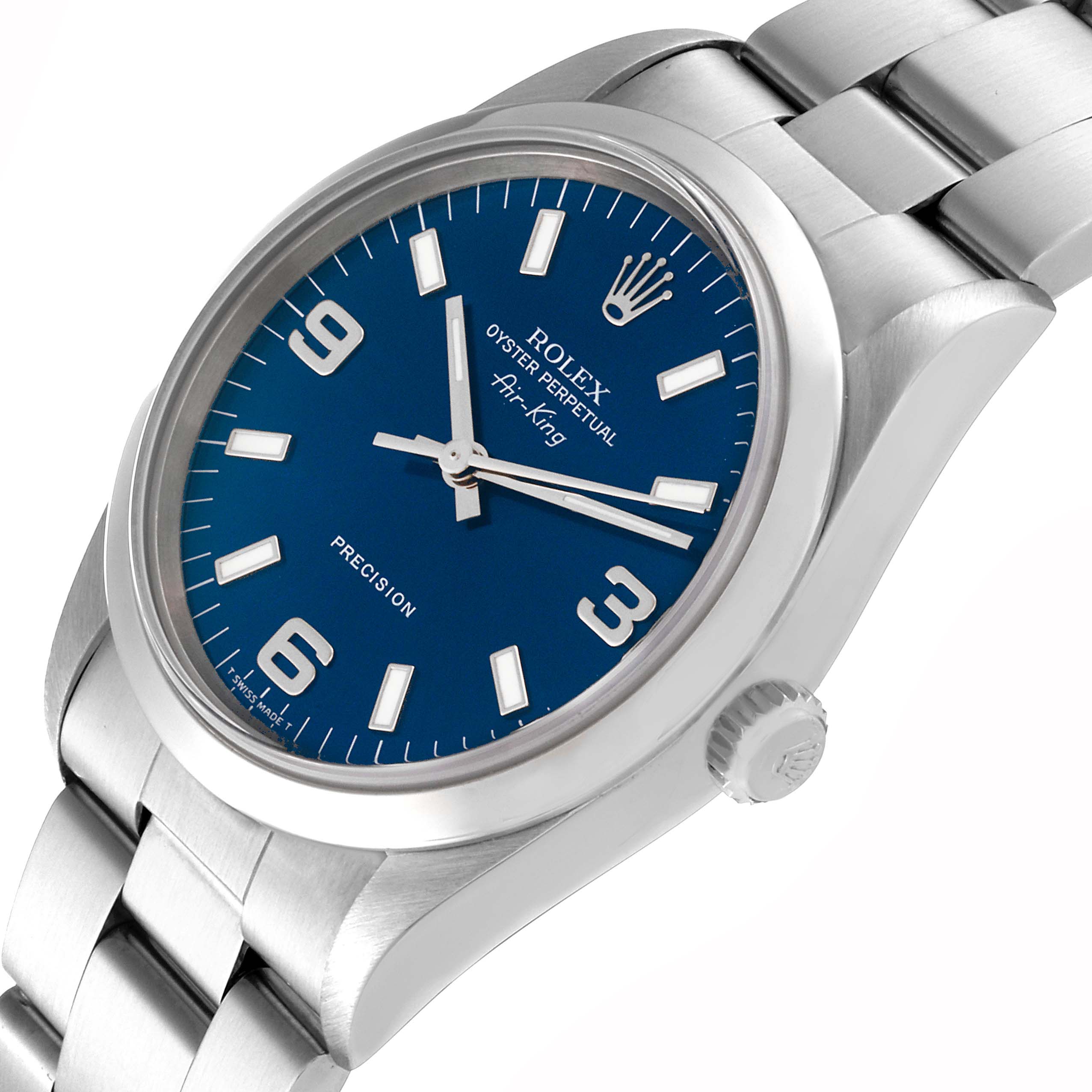 This is an angled view of a Rolex Air-King 14000M Men's Stainless Steel Blue Dial 14000M Men's Stainless Steel Blue Dial watch, showing the face, case, and part of the bracelet.