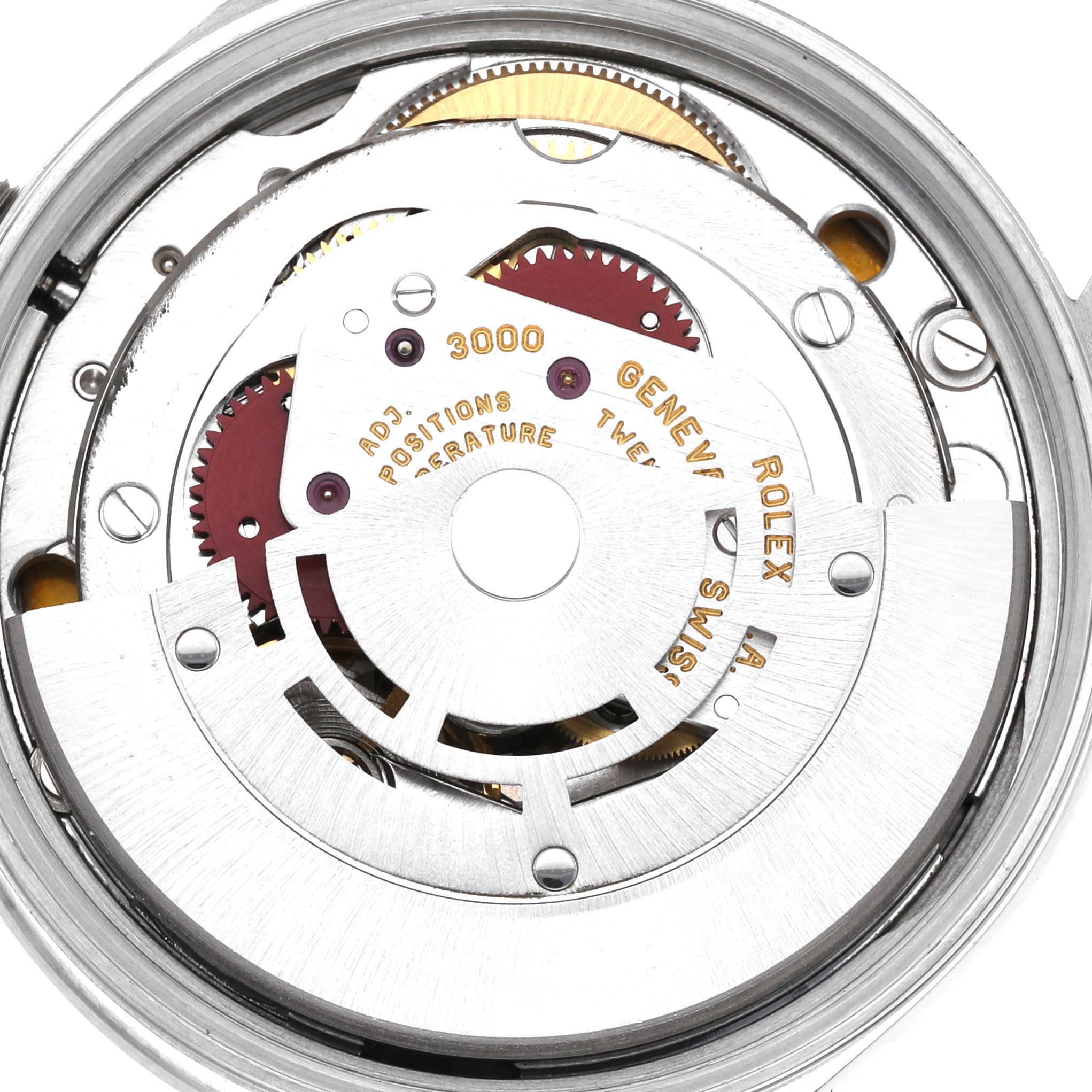 This image shows the intricate internal mechanism and movement parts of a Rolex Air-King 14000M Men's Stainless Steel Blue Dial 14000M Men's Stainless Steel Blue Dial watch.