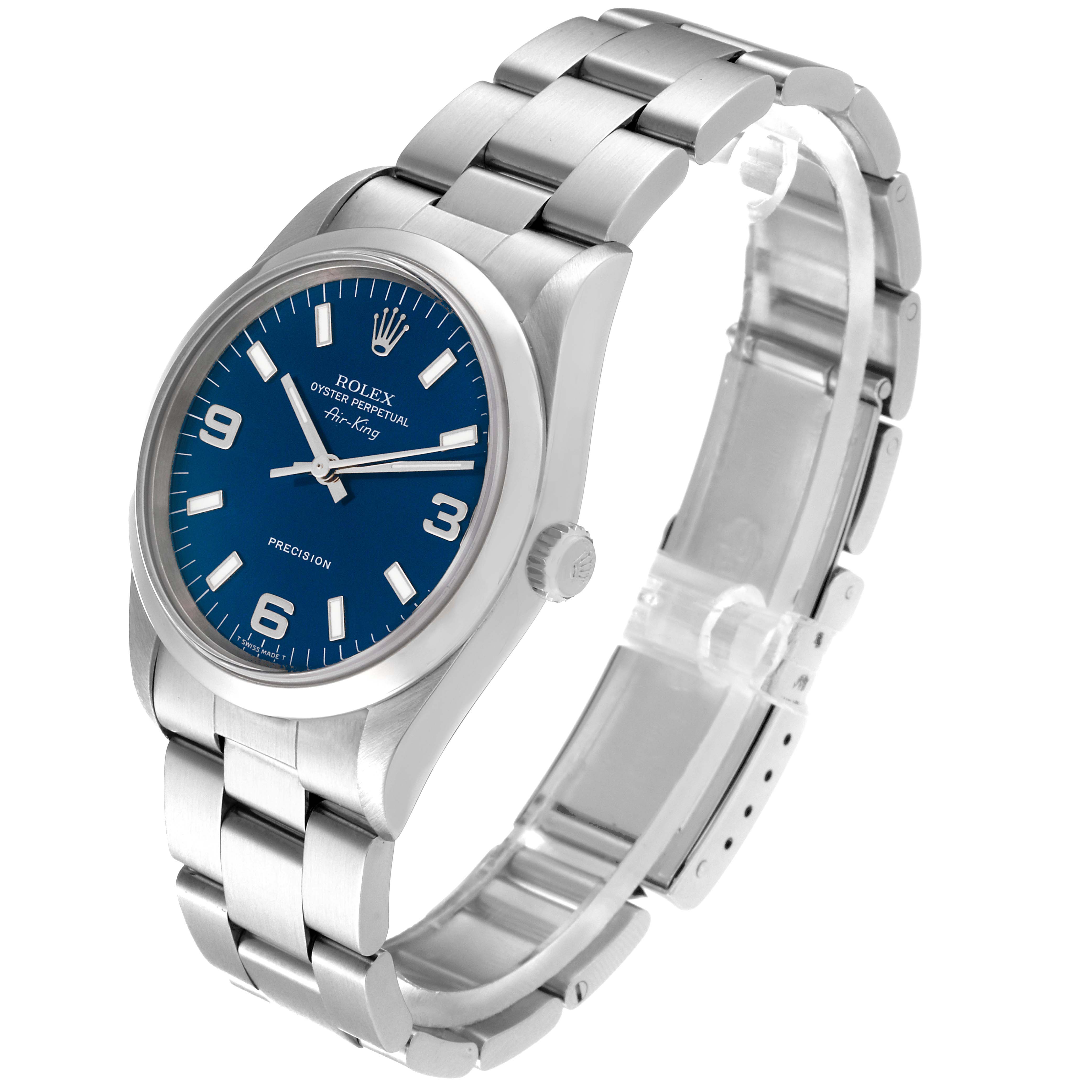 The angle shows a side view of the Rolex Air-King 14000M Men's Stainless Steel Blue Dial 14000M Men's Stainless Steel Blue Dial watch, displaying the face, crown, and bracelet.