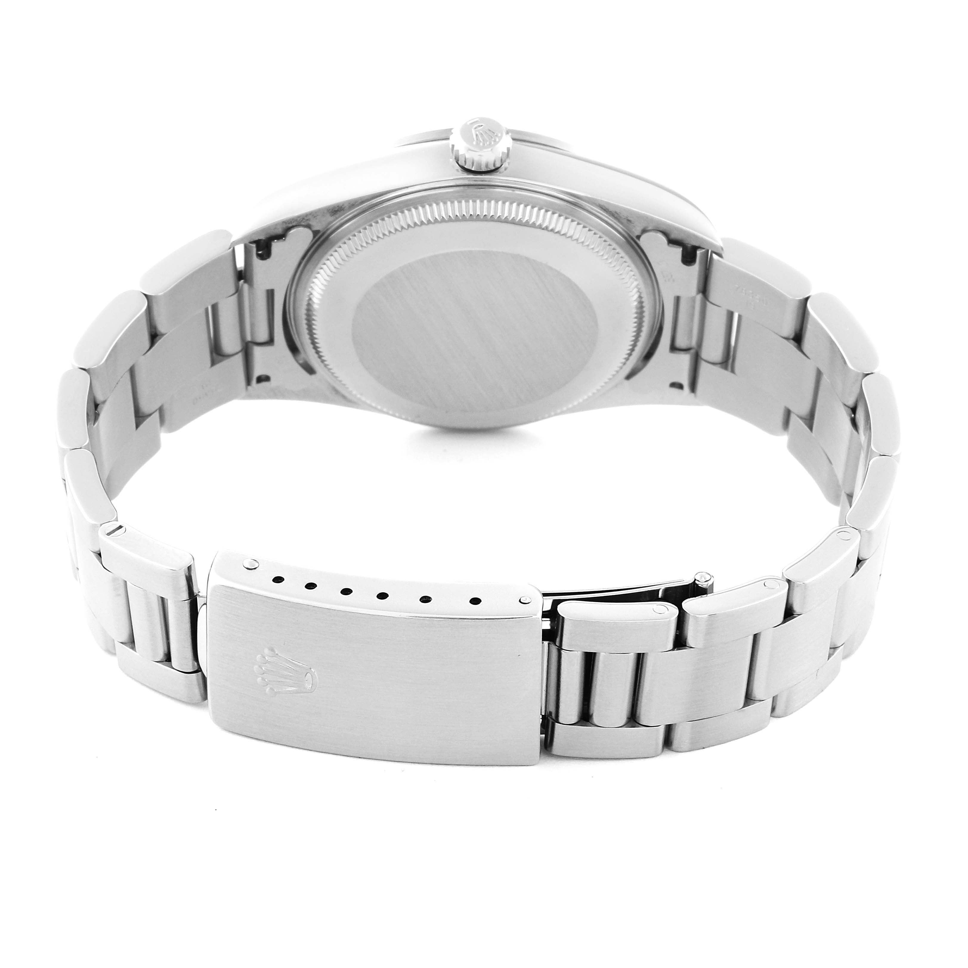 The image shows the back case, crown, and bracelet of a Rolex Air-King 14000M Men's Stainless Steel Blue Dial 14000M Men's Stainless Steel Blue Dial watch from a rear angle.