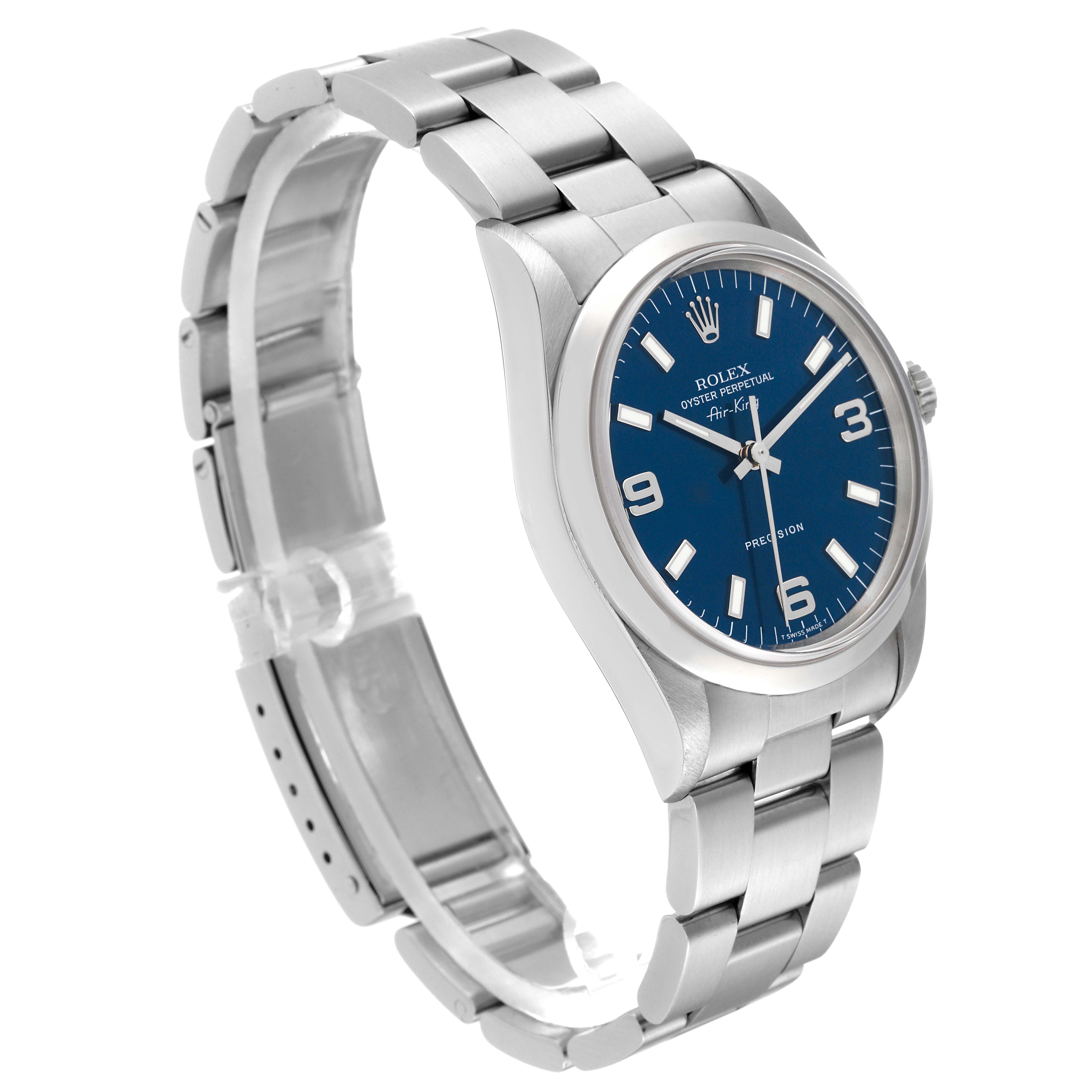 The image shows a Rolex Air-King 14000M Men's Stainless Steel Blue Dial 14000M Men's Stainless Steel Blue Dial watch, angled to display the face, bezel, and bracelet.