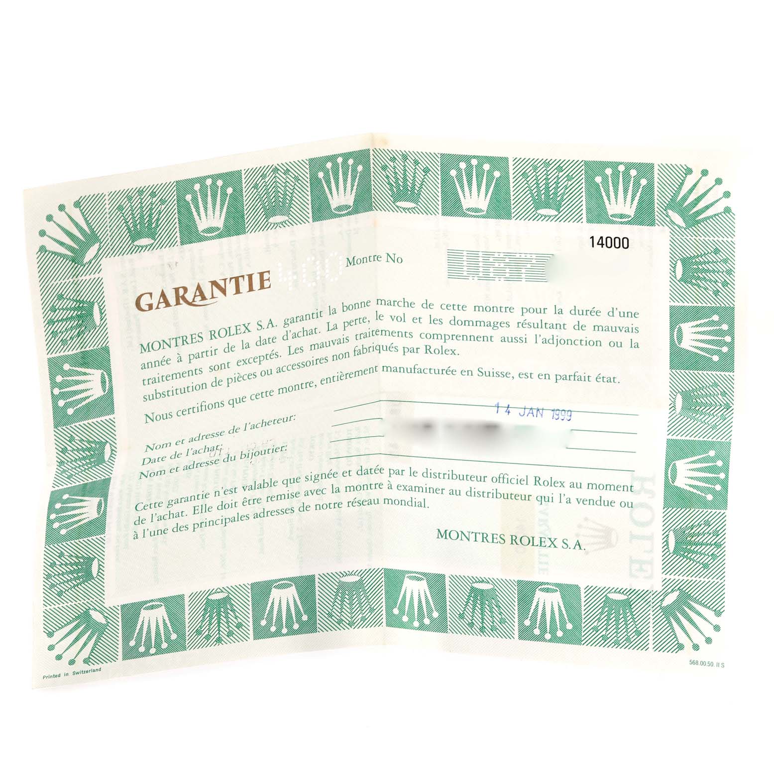 This image shows a warranty card for a Rolex Air-King 14000M Men's Stainless Steel Blue Dial 14000M Men's Stainless Steel Blue Dial watch, displaying brand logos and guarantee information.