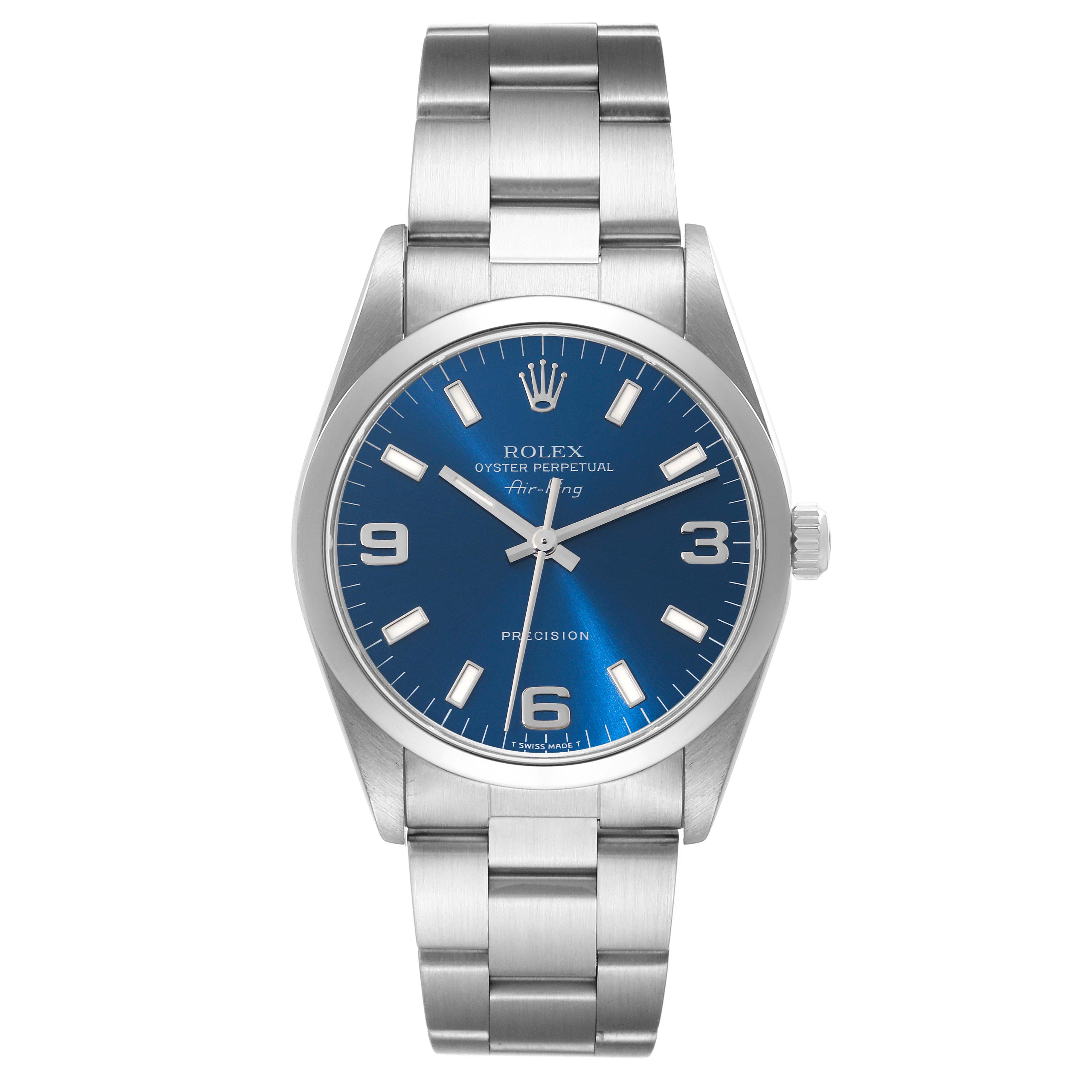 This image shows a front view of a Rolex Air-King 14000M Men's Stainless Steel Blue Dial 14000M Men's Stainless Steel Blue Dial watch, featuring its blue dial, silver hour markers, and stainless steel bracelet.