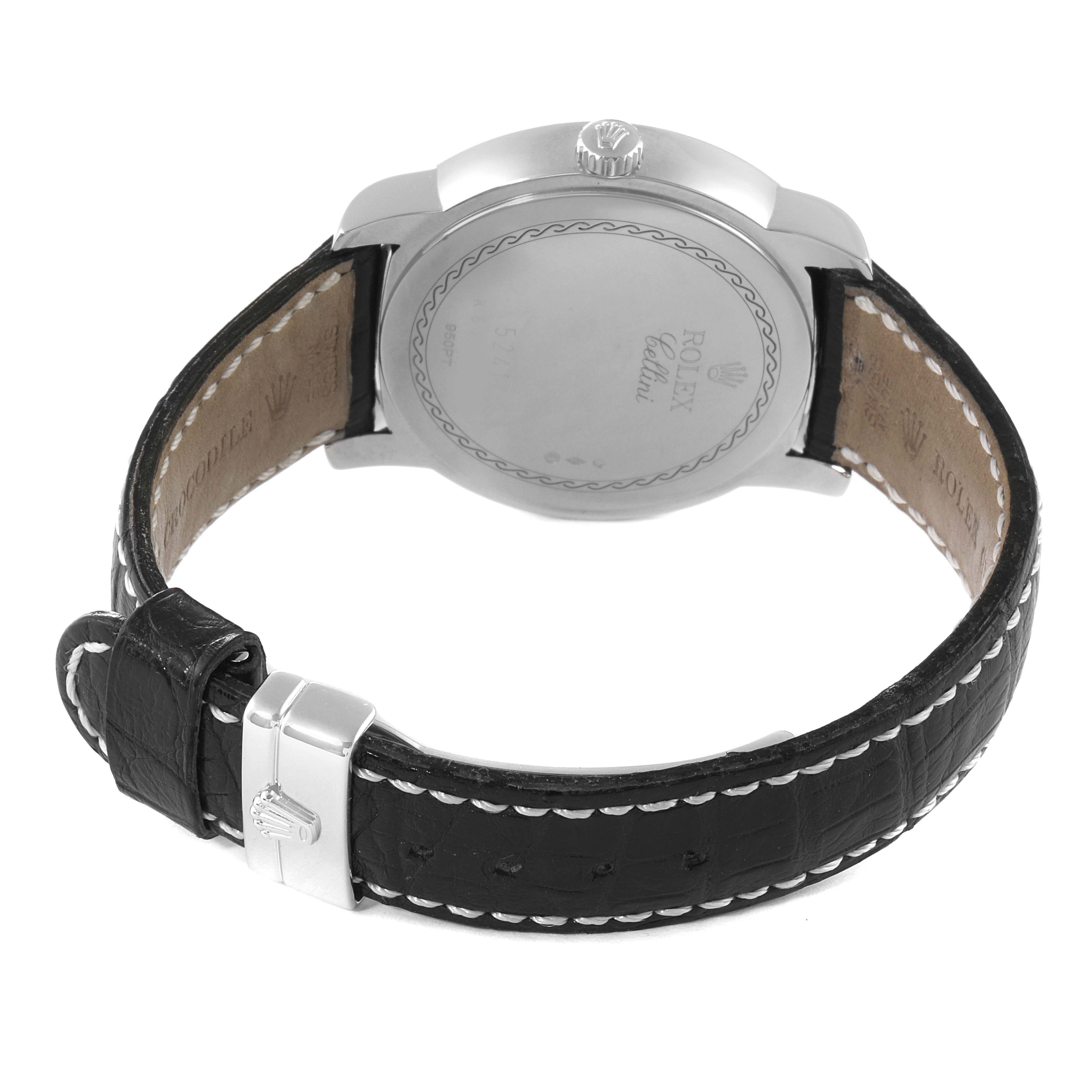 The image shows the back and clasp side of the Rolex Cellini 5241 Men's Platinum Black Dial 5241 Men's Platinum Black Dial watch with a leather strap.