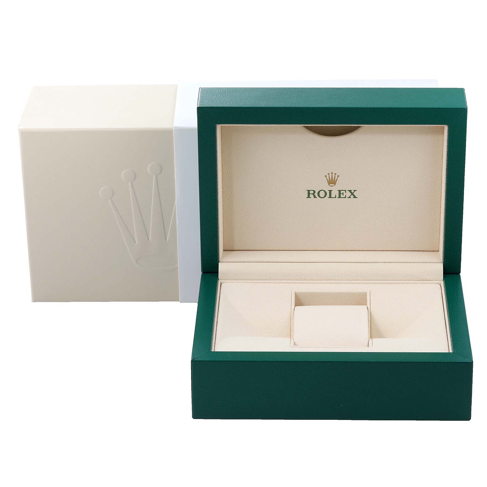This image shows an open Rolex Cellini 5241 Men's Platinum Black Dial 5241 Men's Platinum Black Dial watch box with a cream interior and green exterior at a front-facing angle.
