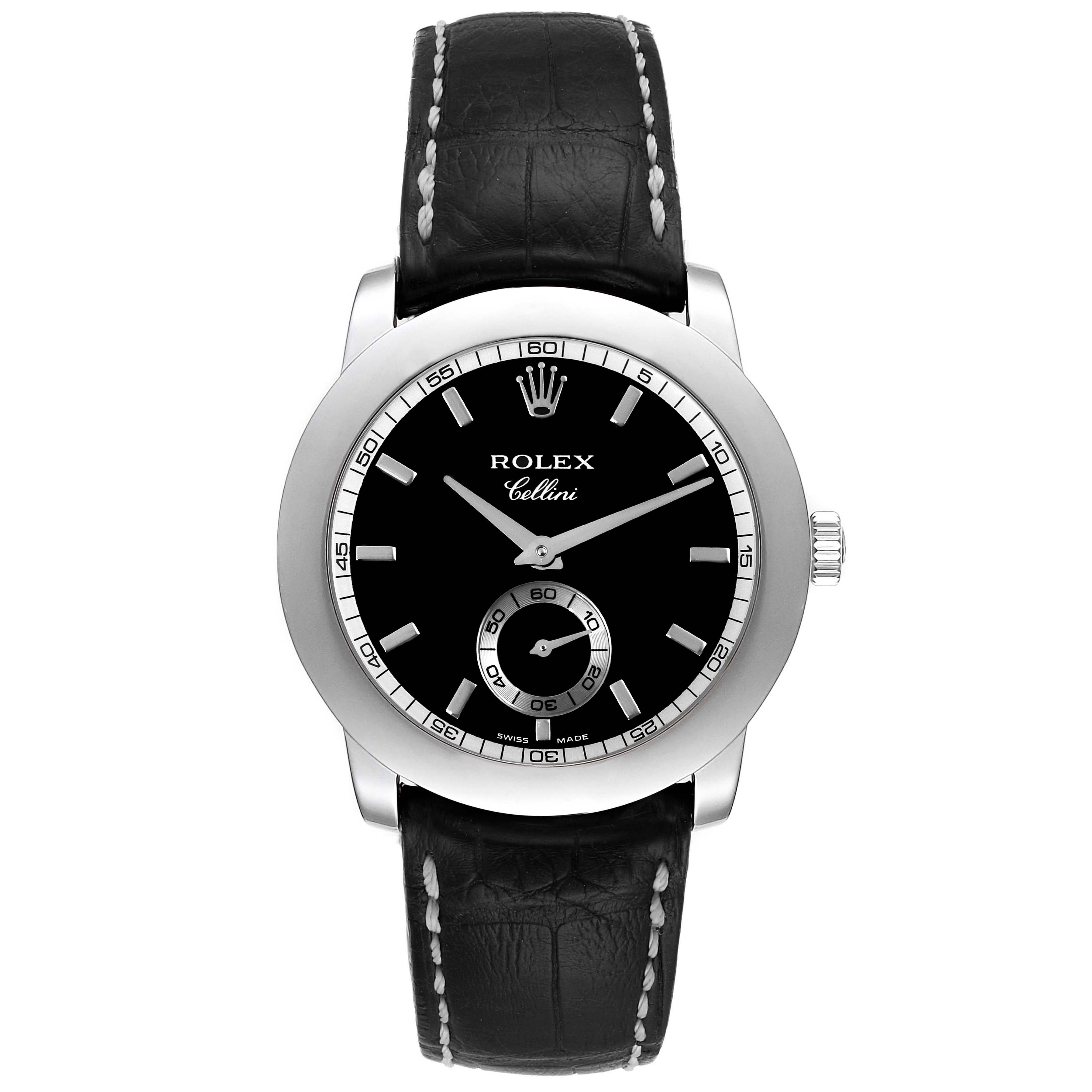 This is a front view of the Rolex Cellini 5241 Men's Platinum Black Dial 5241 Men's Platinum Black Dial watch, showcasing the dial, case, crown, and leather strap.