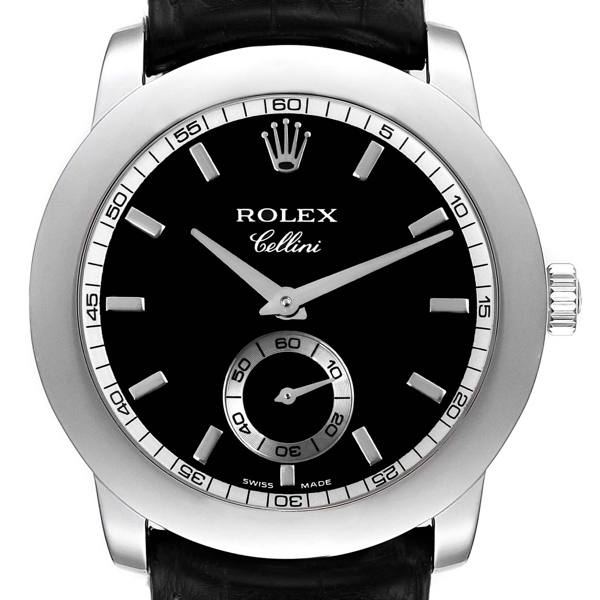 The image shows a front view of the Rolex Cellini 5241 Men's Platinum Black Dial 5241 Men's Platinum Black Dial watch, displaying its black dial, silver indices, and crown logo at the 12 o'clock position.